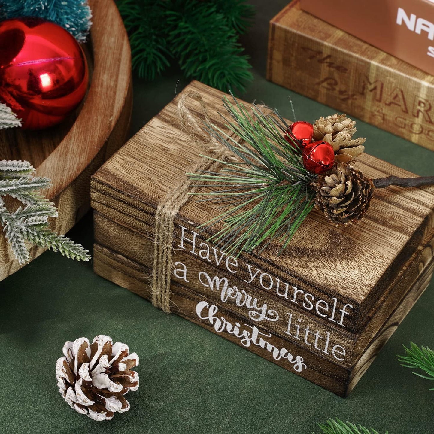 Christmas Wooden Tiered Tray Decor Merry Christmas Faux Decorative Stacked Books Bundle Wooden Block