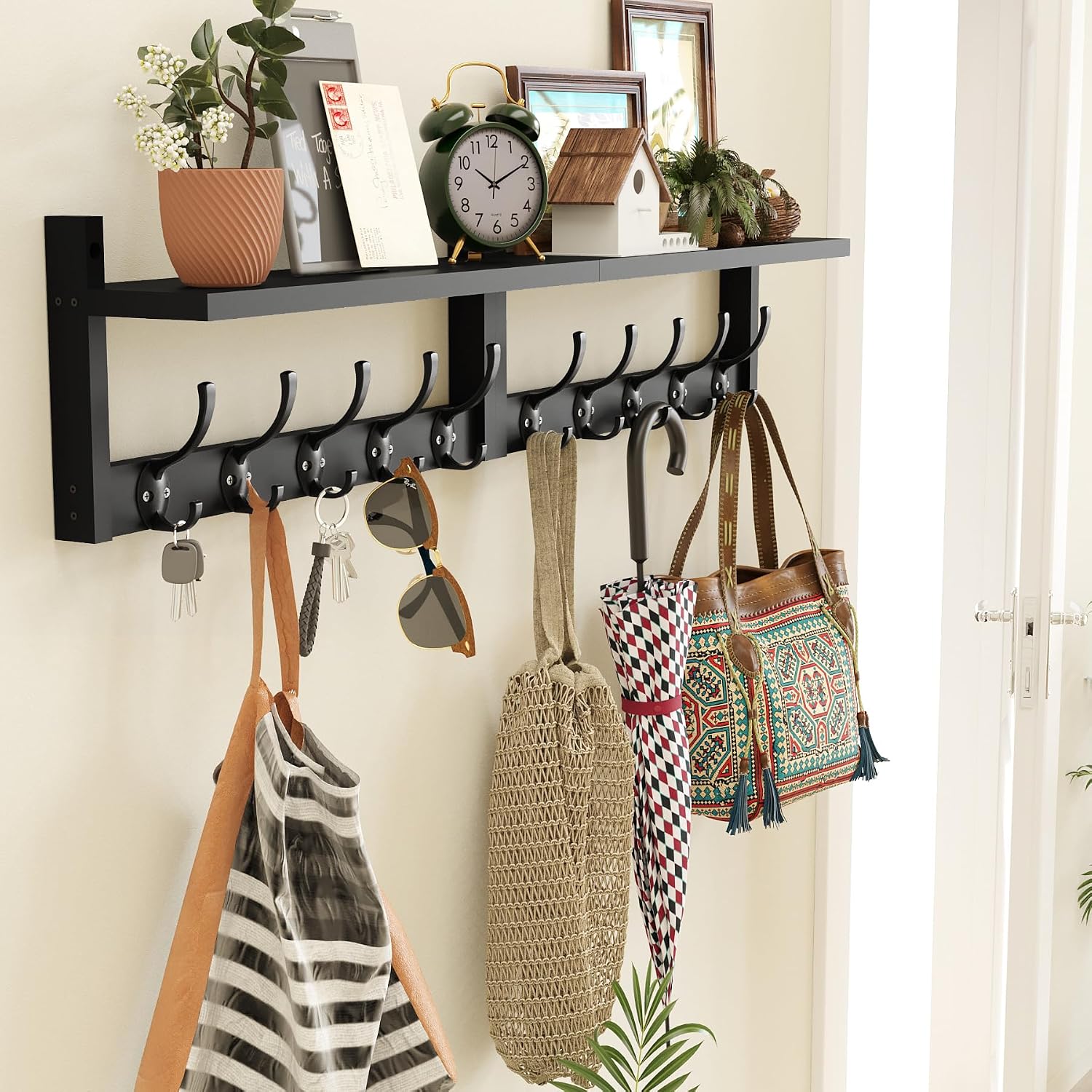 AMBIRD 34.2" Extra Long Wooden Wall Hook Rack with Shelf - Versatile and Decorative Wall-Mounted Storage with 10 Hooks