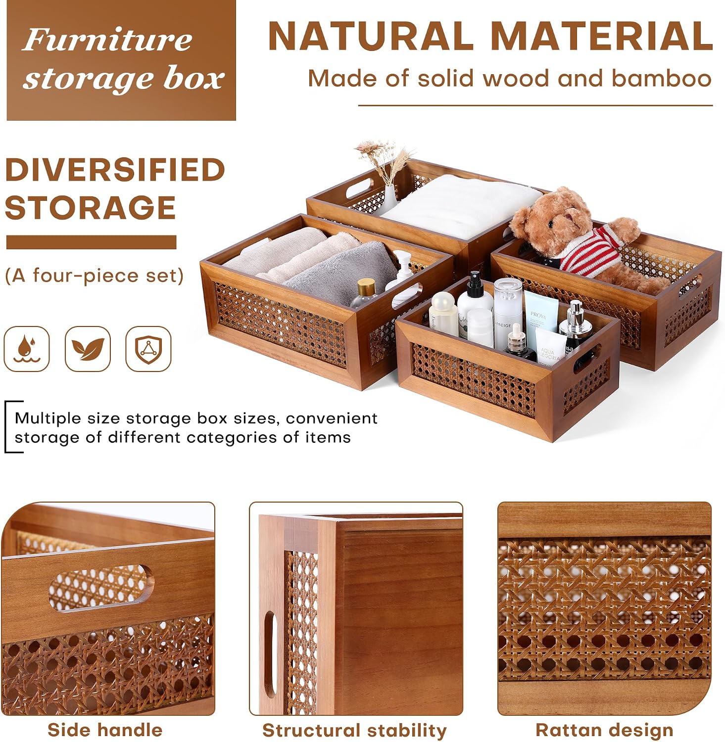 Frame & Handles Decorative Natural Bamboo Woven / Brown / 4 Set - Multiple Sizes / Set of 4