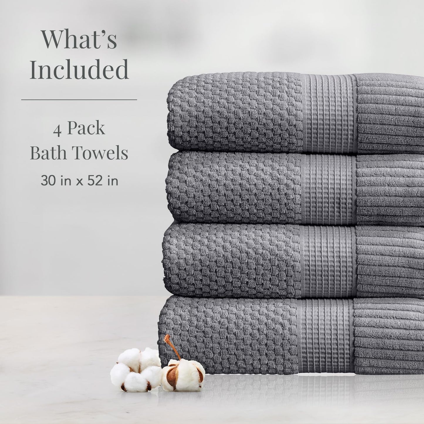 NY Loft 100% Cotton 4-Pack Bath Towel Set | Grey | Oeko-TEX | Quick-Dry | Four 30" x 52" Bath Towels | Super Absorbent