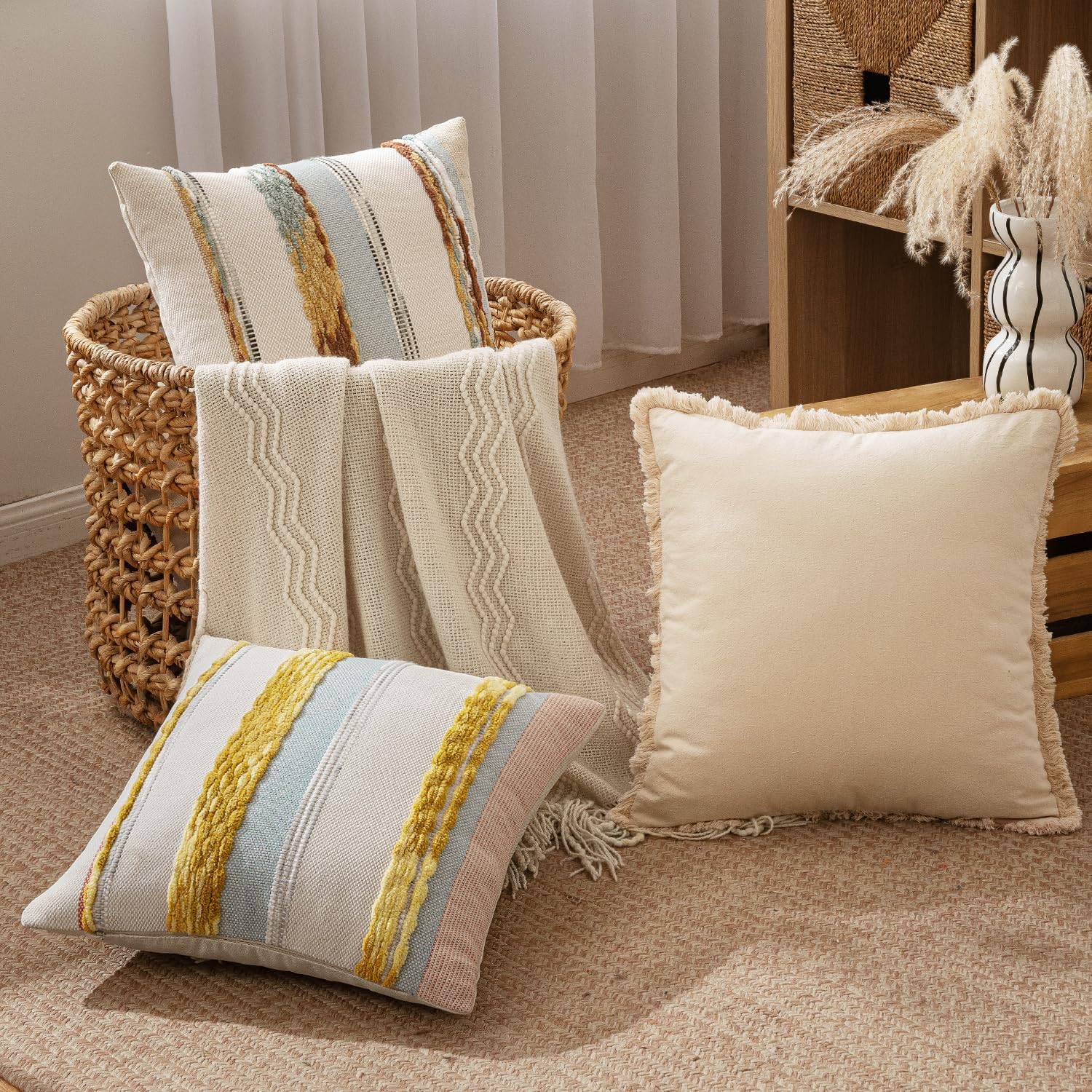 Boho Decorative Throw Pillow Covers Farmhouse Cushion Case / Blue-earth Tones / 18 x 18 / Set of 2
