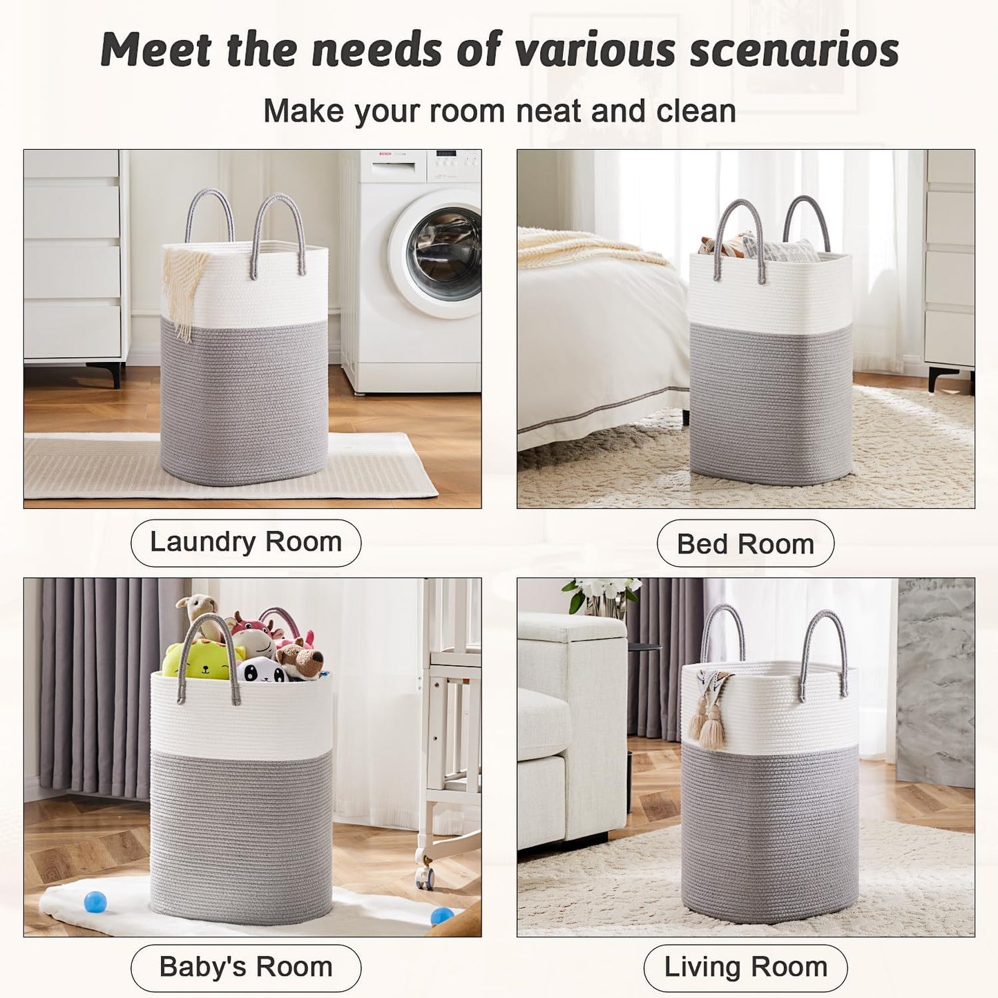 Laundry Basket / Woven Cotton Rope Laundry Hamper / 60L / Grey