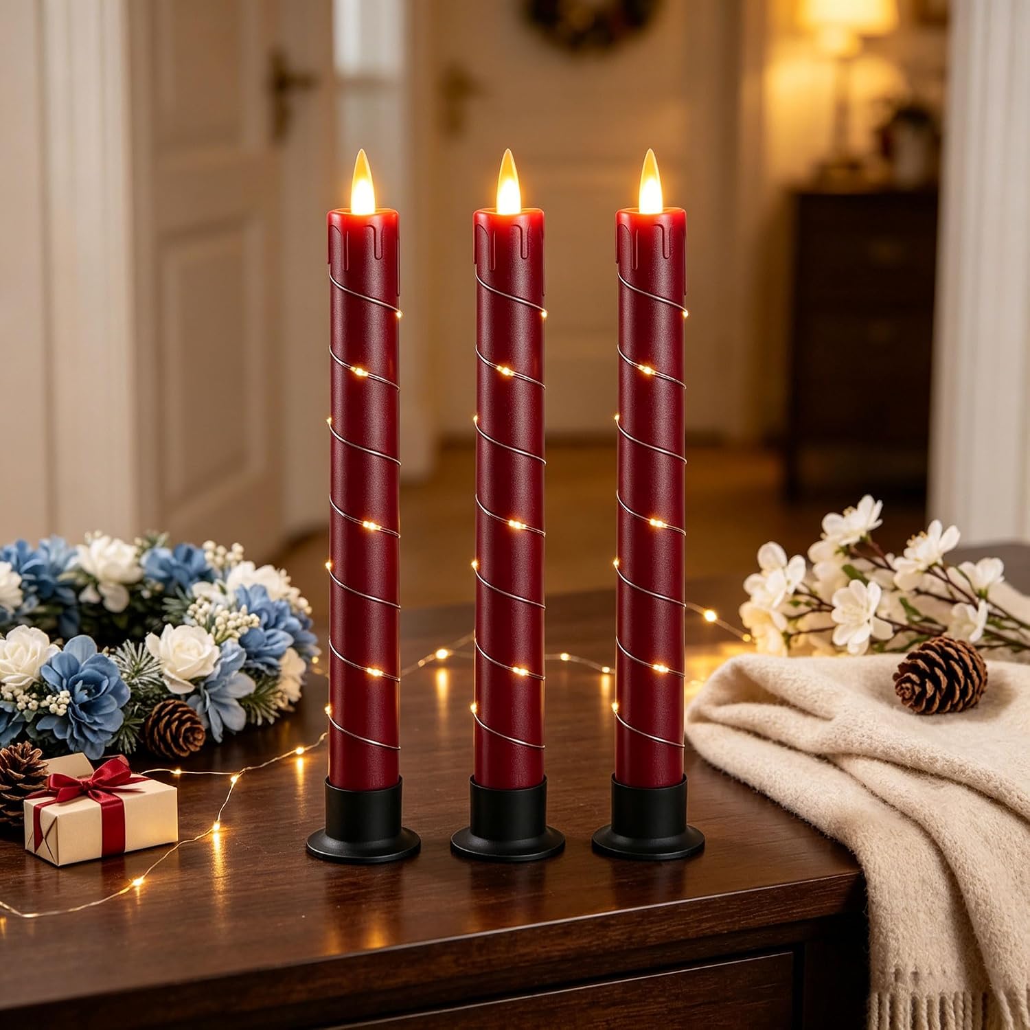 Da by 3 Pack Red Dripping Wax Flameless Candles, Realistic Dynamic Flame LED Taper Candles with Surrounding Fairy