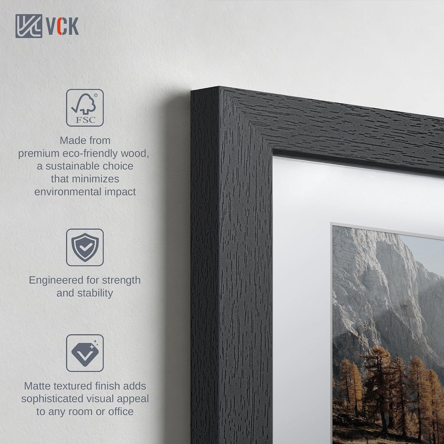 VCK 18x24 Poster Frame Black - 5 Pack, with Wood Grain Finish & Plexiglass, Displays 16x20 Photo with Mat or 18 x 24
