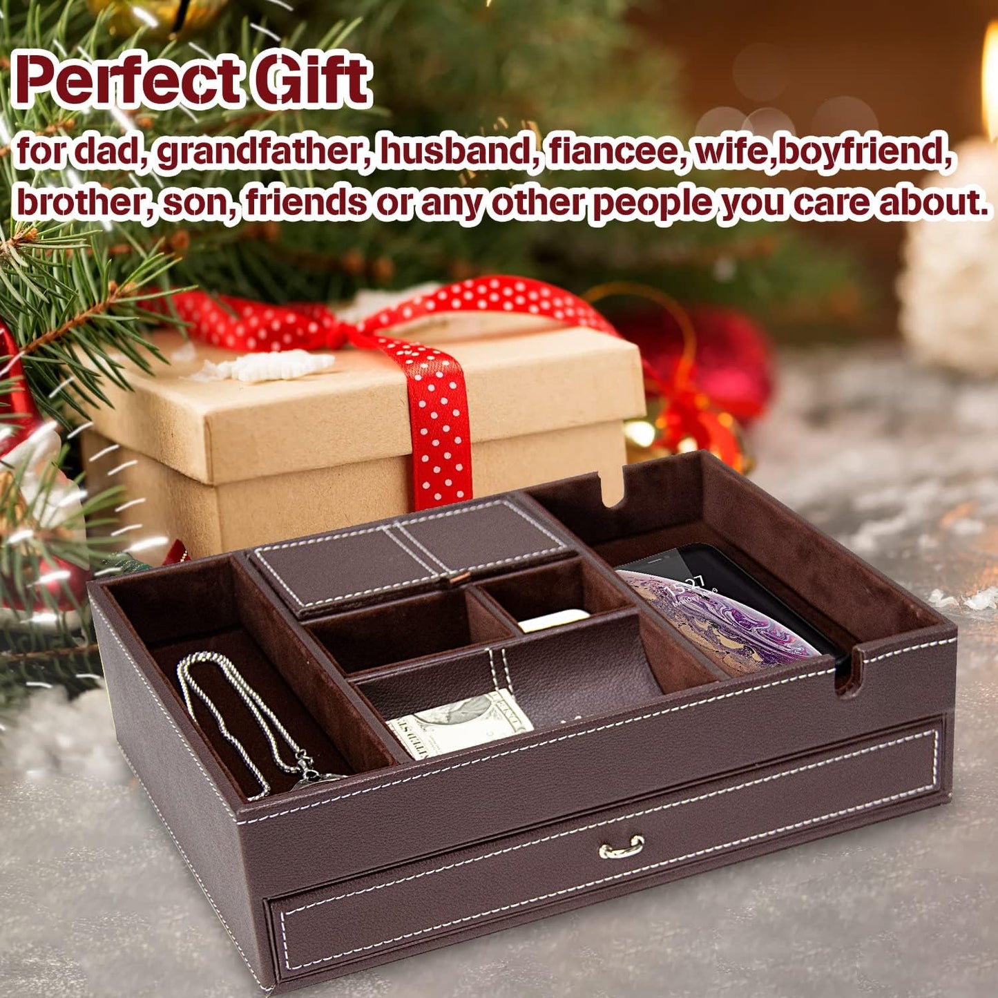 Baoyun Valet Tray for Men, 2 Layers Nightstand Organizers for Men and Women, Leather Jewelry Storage Box, Mens Dresser