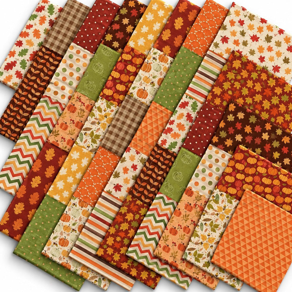 JarThenaAMCS 40Pcs Fall Cotton Fabric Bundles 10 x 10 Inch Maple Leaf Pumpkin Dot Plaid Stripe Fabric Squares Autumn Thanksgiving Sewing Fabrics for DIY Craft Party Decor