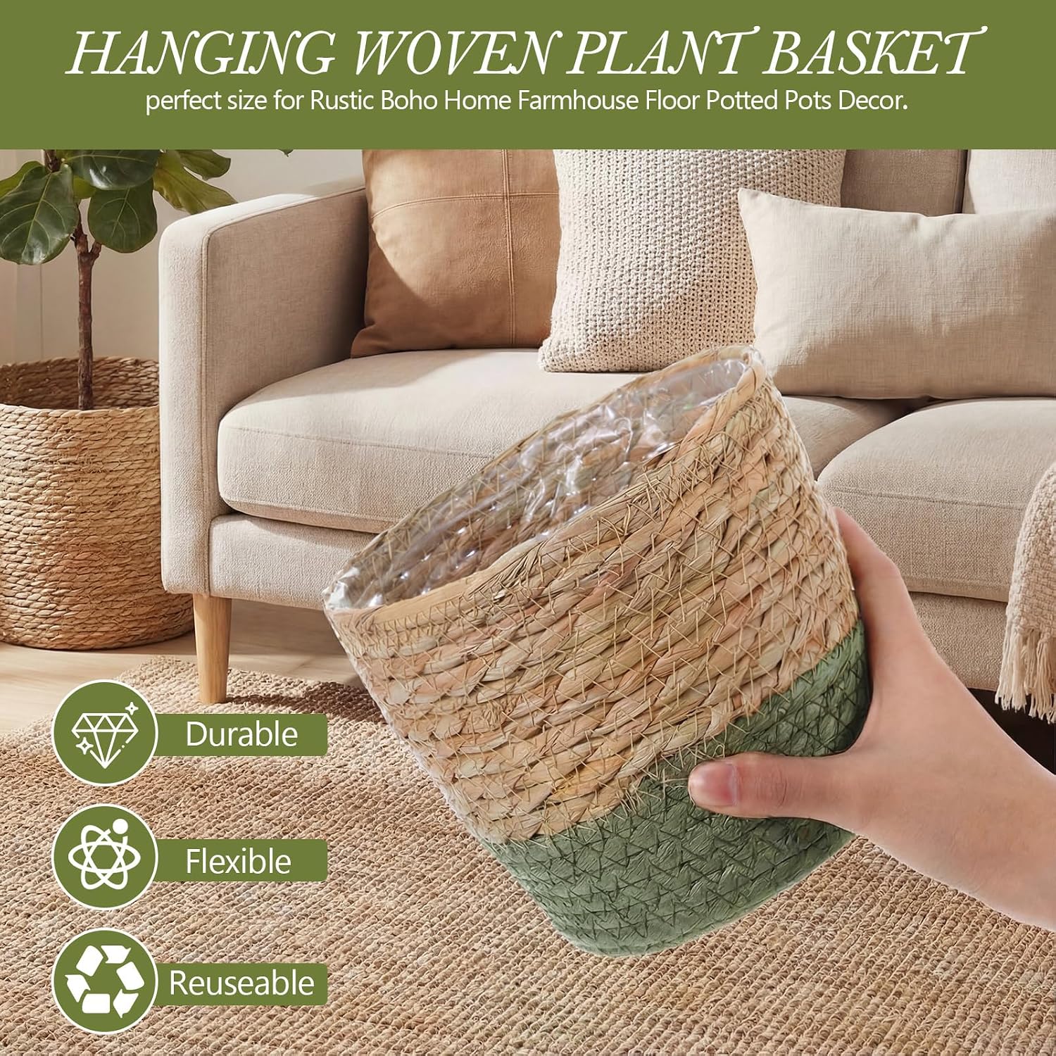 Seagrass Hanging Planter Basket Hand Woven Plant Basket / Brown, Green / Small / Set of 6