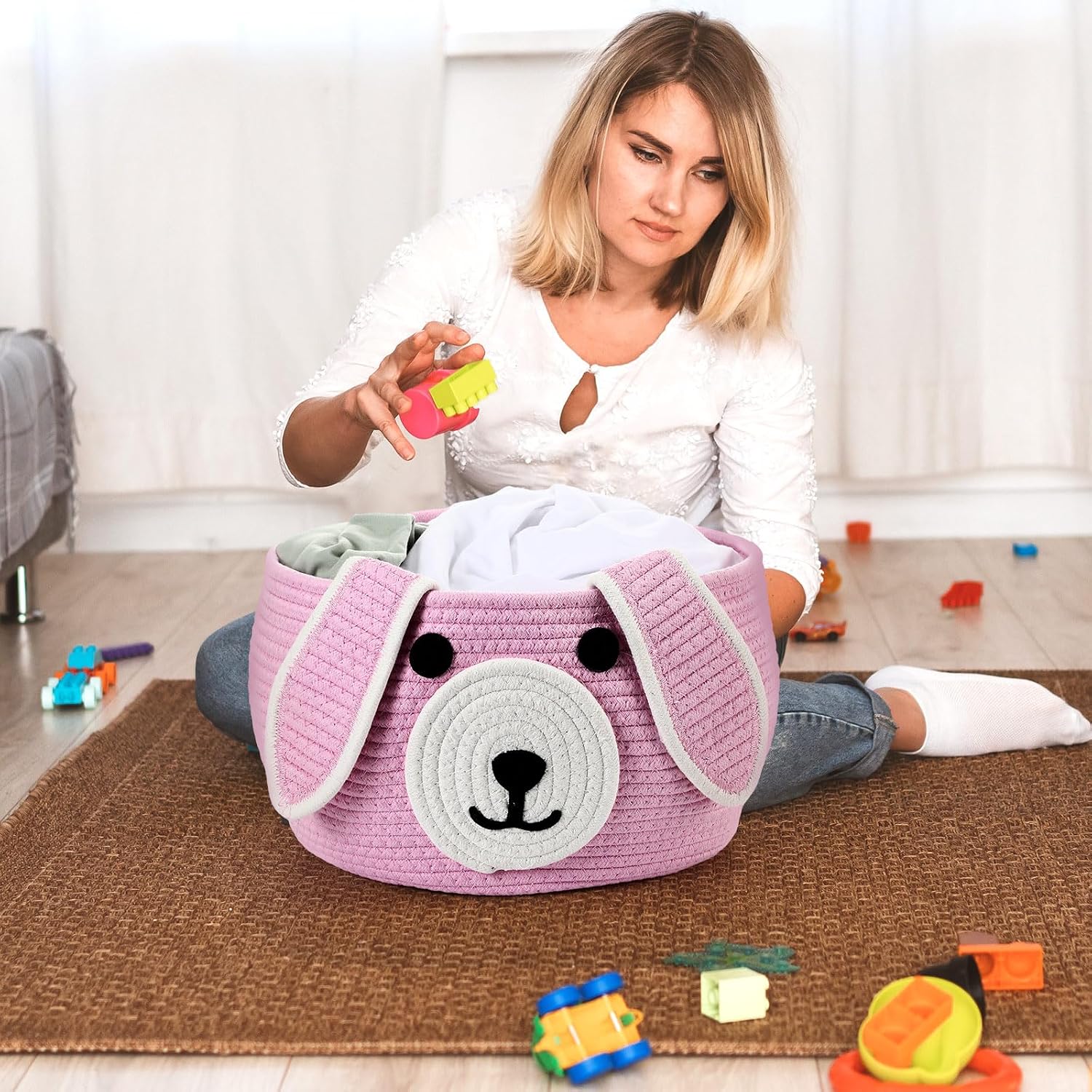 Dog Woven Basket Woven Cotton Rope Puppy Animal Storage Basket for Laundry Toy Gift / Pink / 13 x 8