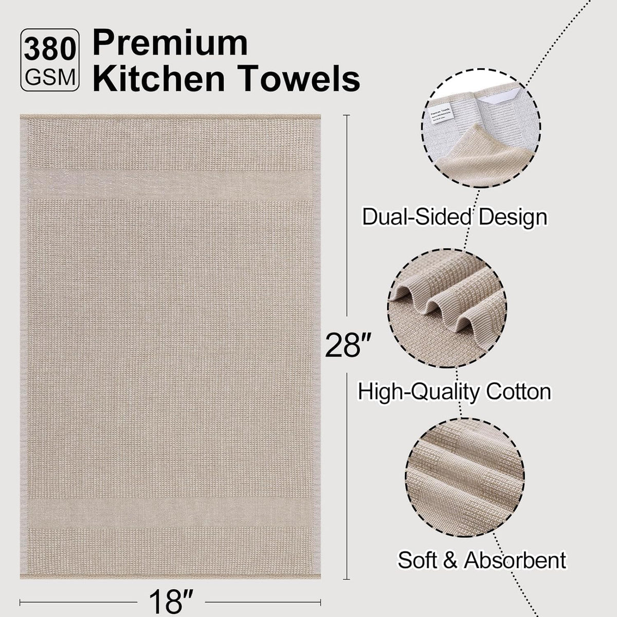 Mordimy Premium Large Cotton Kitchen Towels (18"x 28", 12 Pack), Khaki | 100% Ring Spun Cotton, Super Absorbent, 380