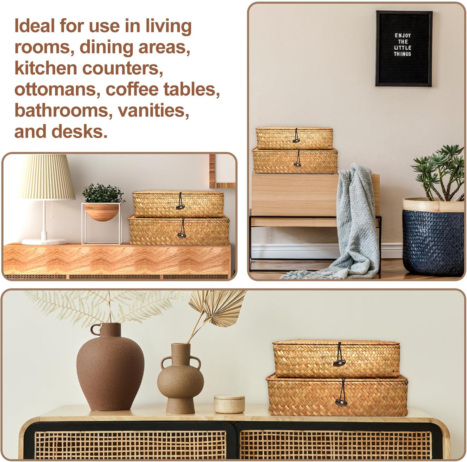 Seagrass Basket / Lids Woven Organizer / Brown / Set of 5