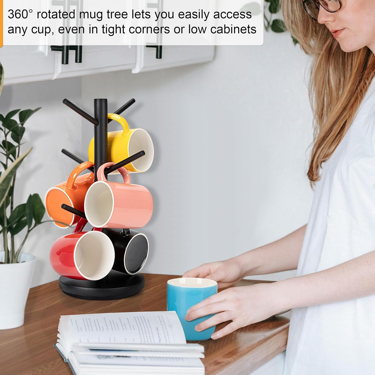 MyLifeUNIT Mug Holder Tree, 360° Rotated Coffee Cup Holder with 6 Hooks, Wooden Coffee Mug Holder Organizer for Counter