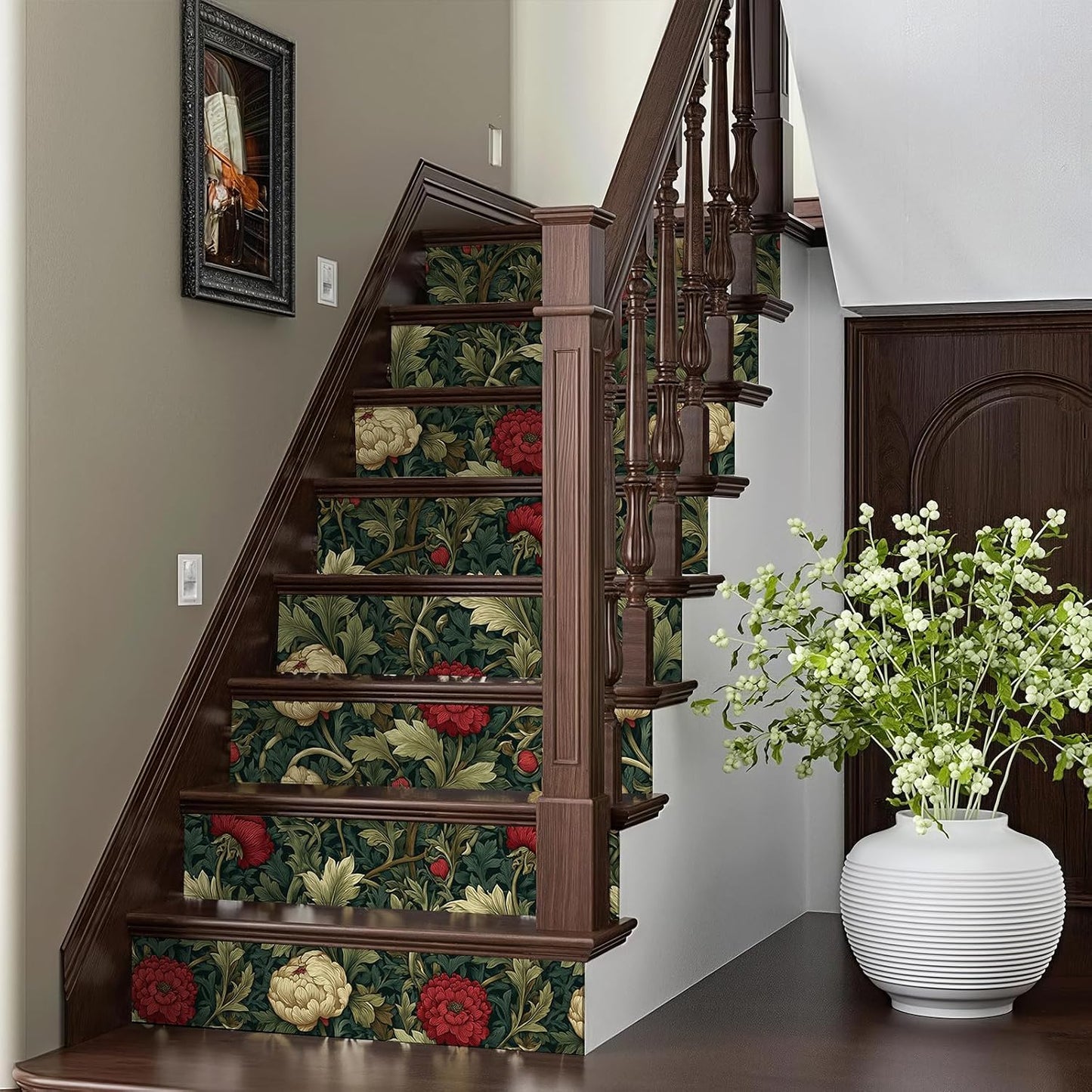 Peel and Stick Boho Art Woody Wallpaper Botanical Leaf Removable / 17.7 x 118.1 / Green/beige/red