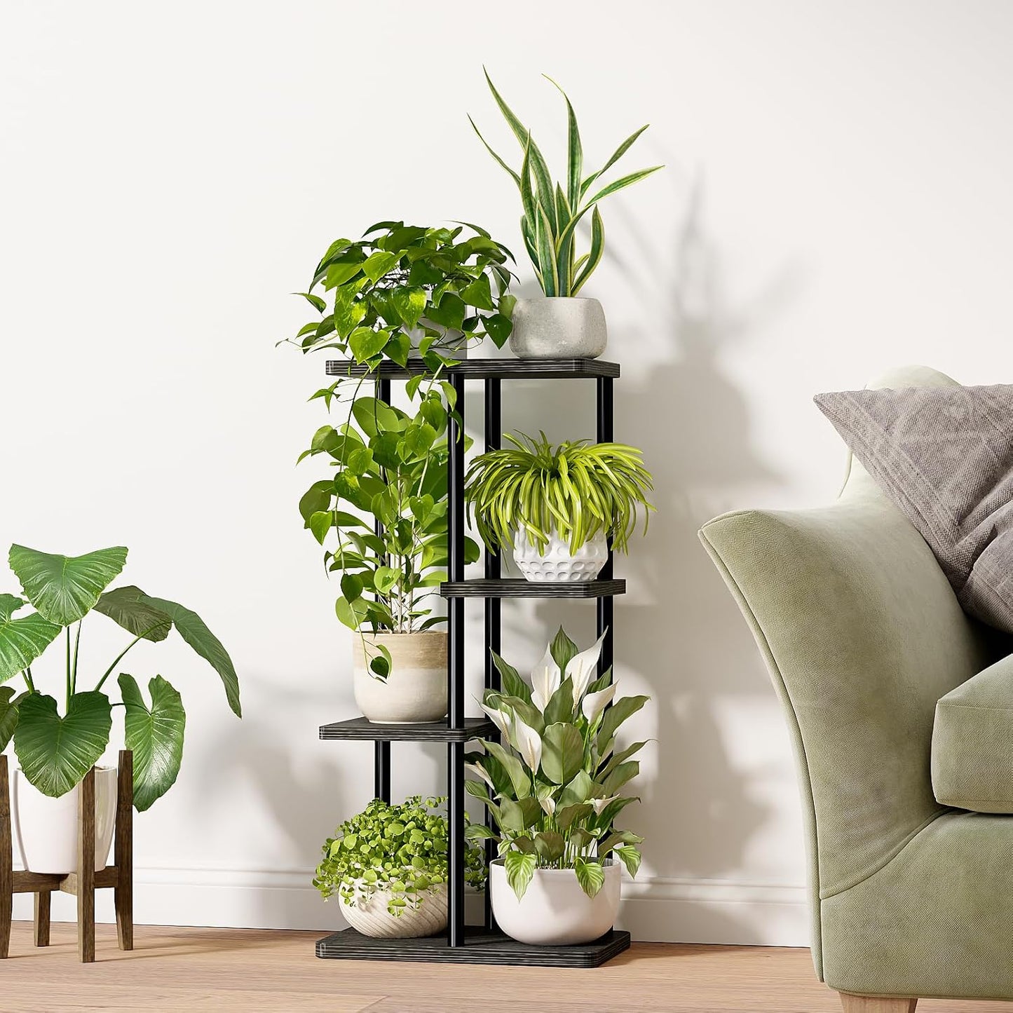 Bamworld Plant Stand 4 Tier Corner Metal Shelf Black | Tiered shelf displays multiple plants in living rooms, bedrooms