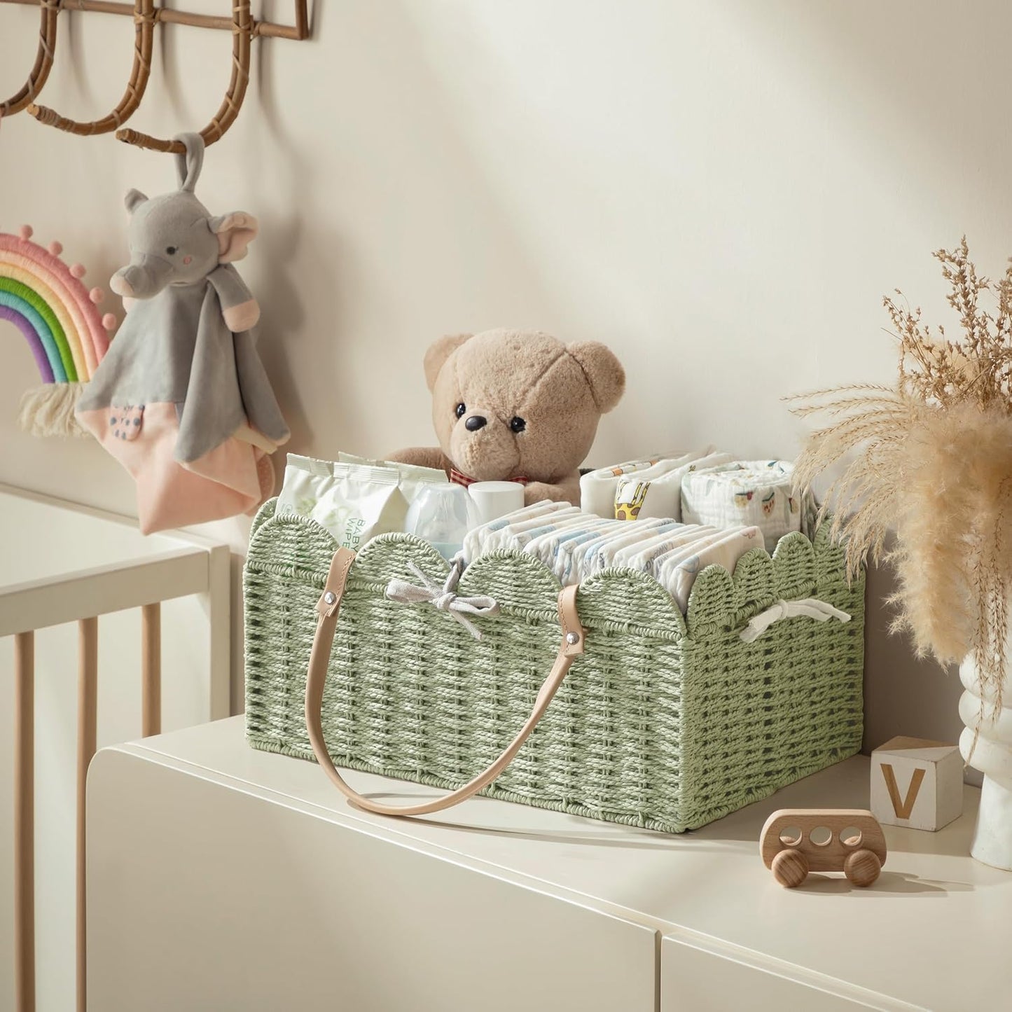 Paper Rope Scalloped Storage Baskets Nursery Bin / Green / Large