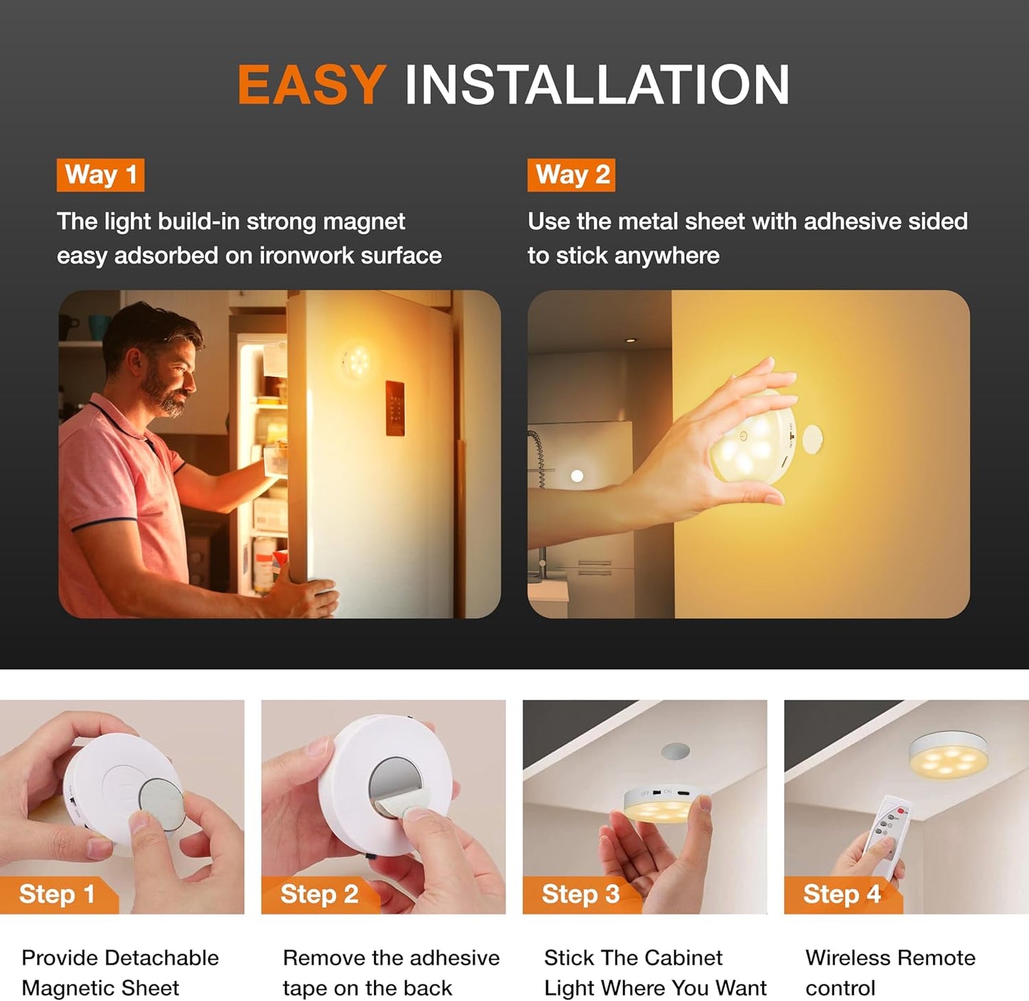 Puck Lights with Remote Control,1000mAh rechargeable under cabinet lighting,LED Closet Lights,3Pack Tap Light,Cordless