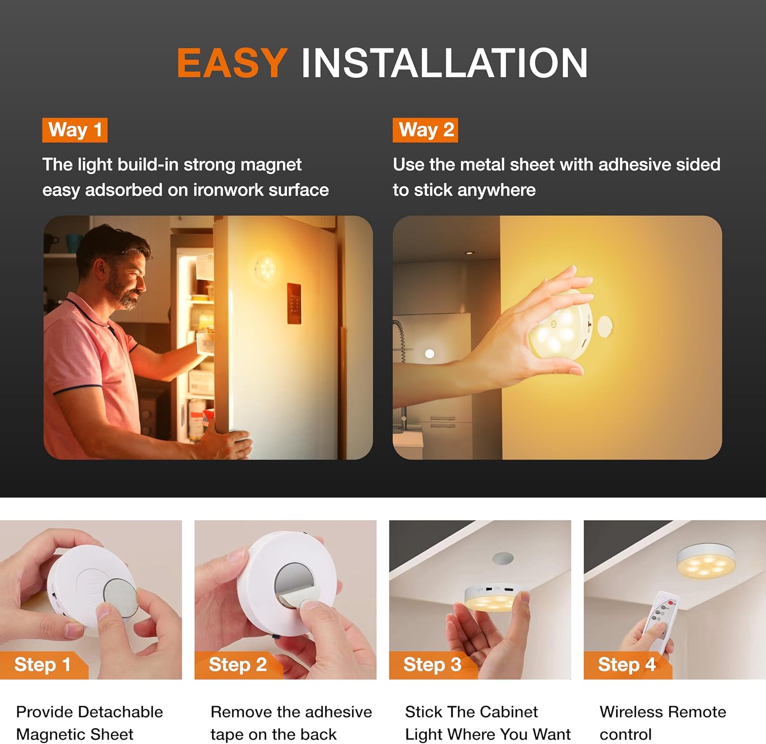 Puck Lights with Remote Control,1000mAh rechargeable under cabinet lighting,LED Closet Lights,3Pack Tap Light,Cordless