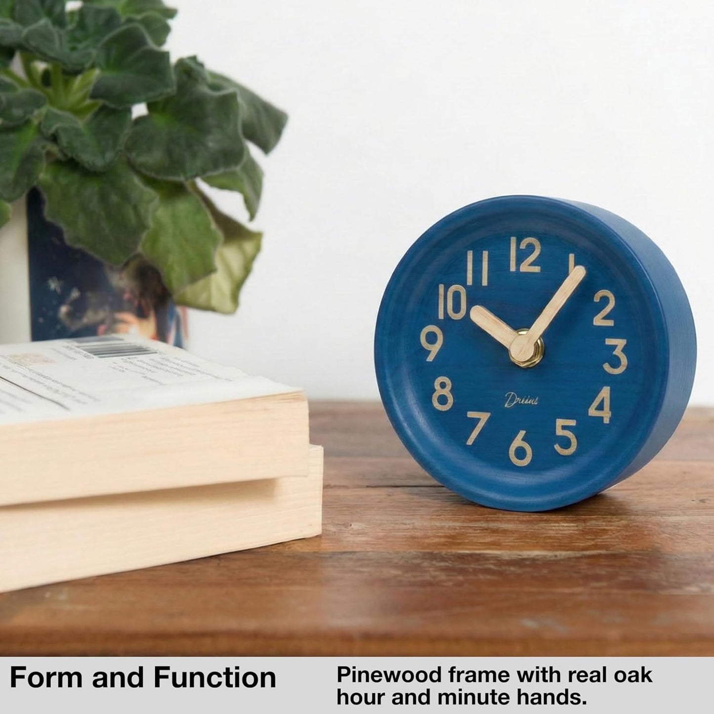 Driini Wooden Analog Desktop Clock – 4.3 in. Decorative Pinewood, No-Tick Design – Easy to Read Silent Sweep Mantle