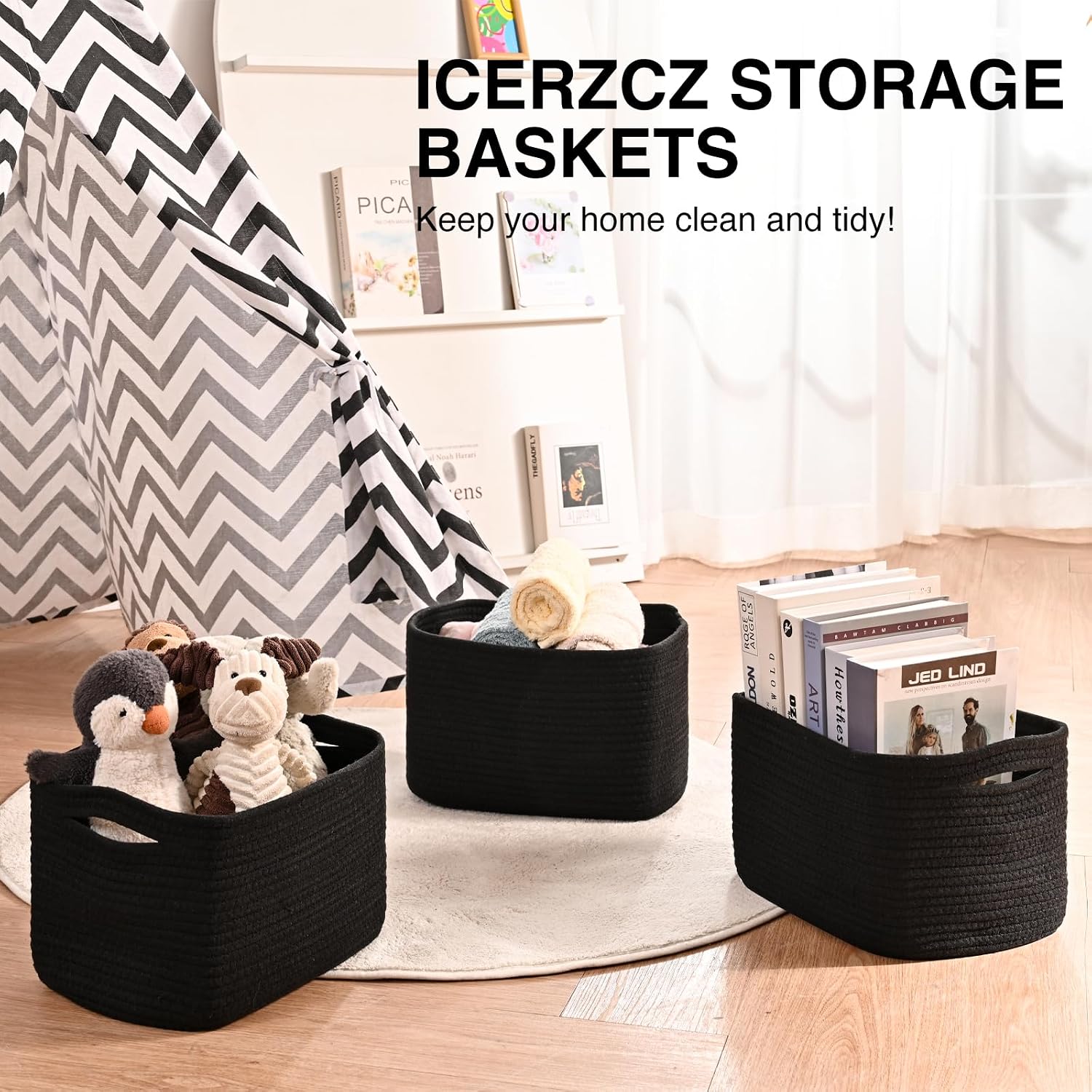 Woven Cotton Rope Baskets for Storage / Black
