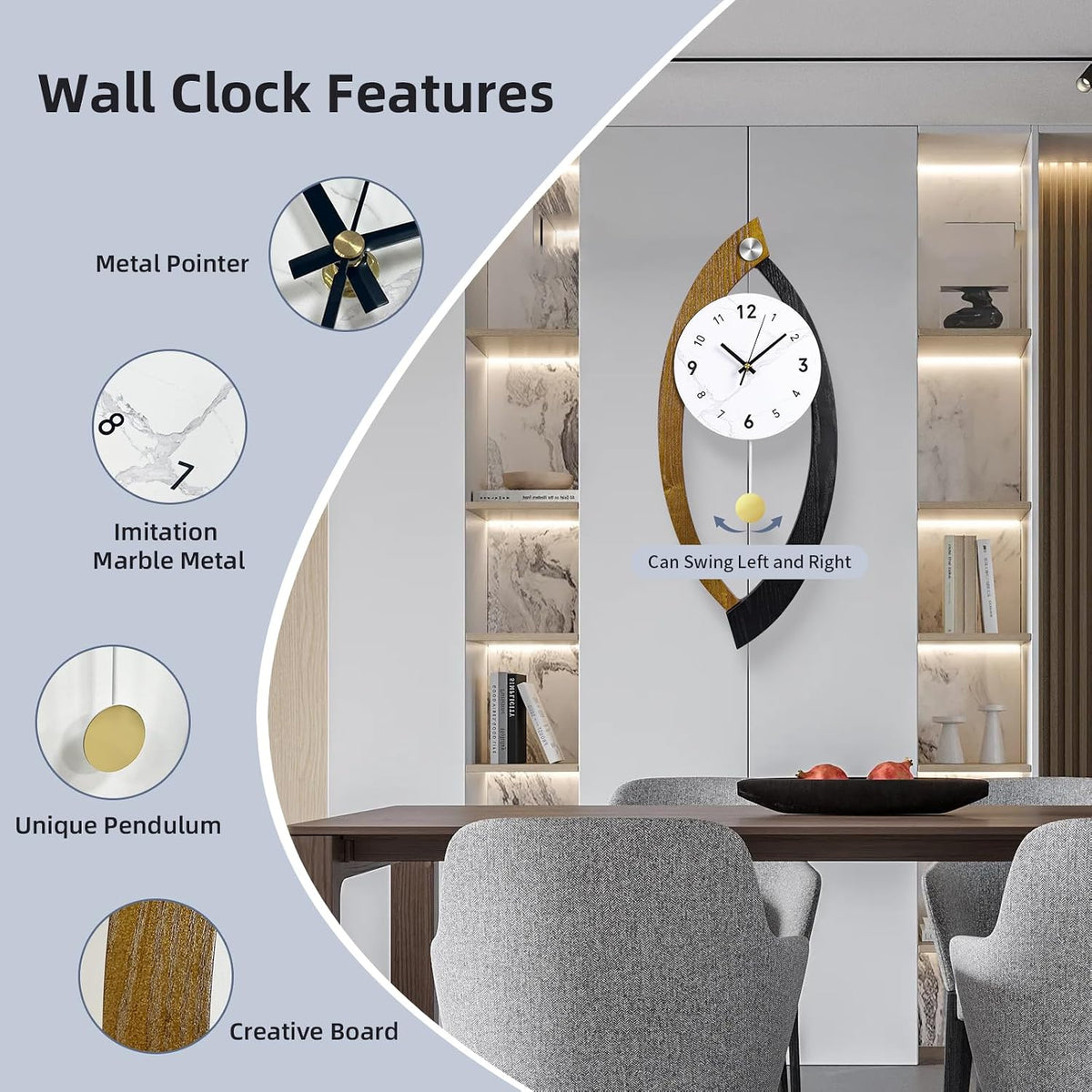 23.6 x 9.8inch Decorative Wall Clocks with Pendulum Solid Wood Frame | Large Modern Unique Clock for Wall Decor Living