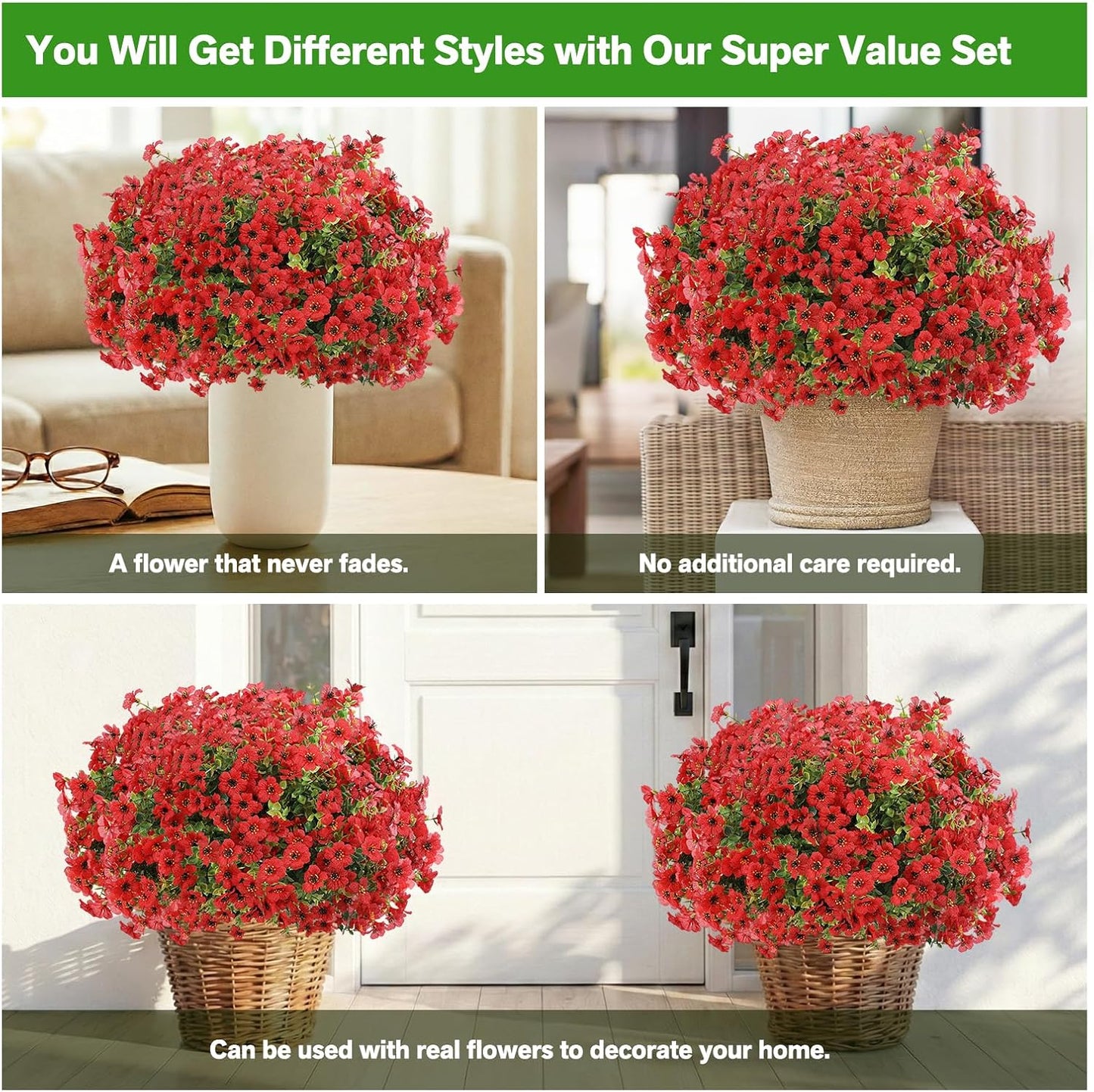 13Bundles Silk Realistic UV Resistant Faux Flowers / Red / Artificial Flowers / Set of 13