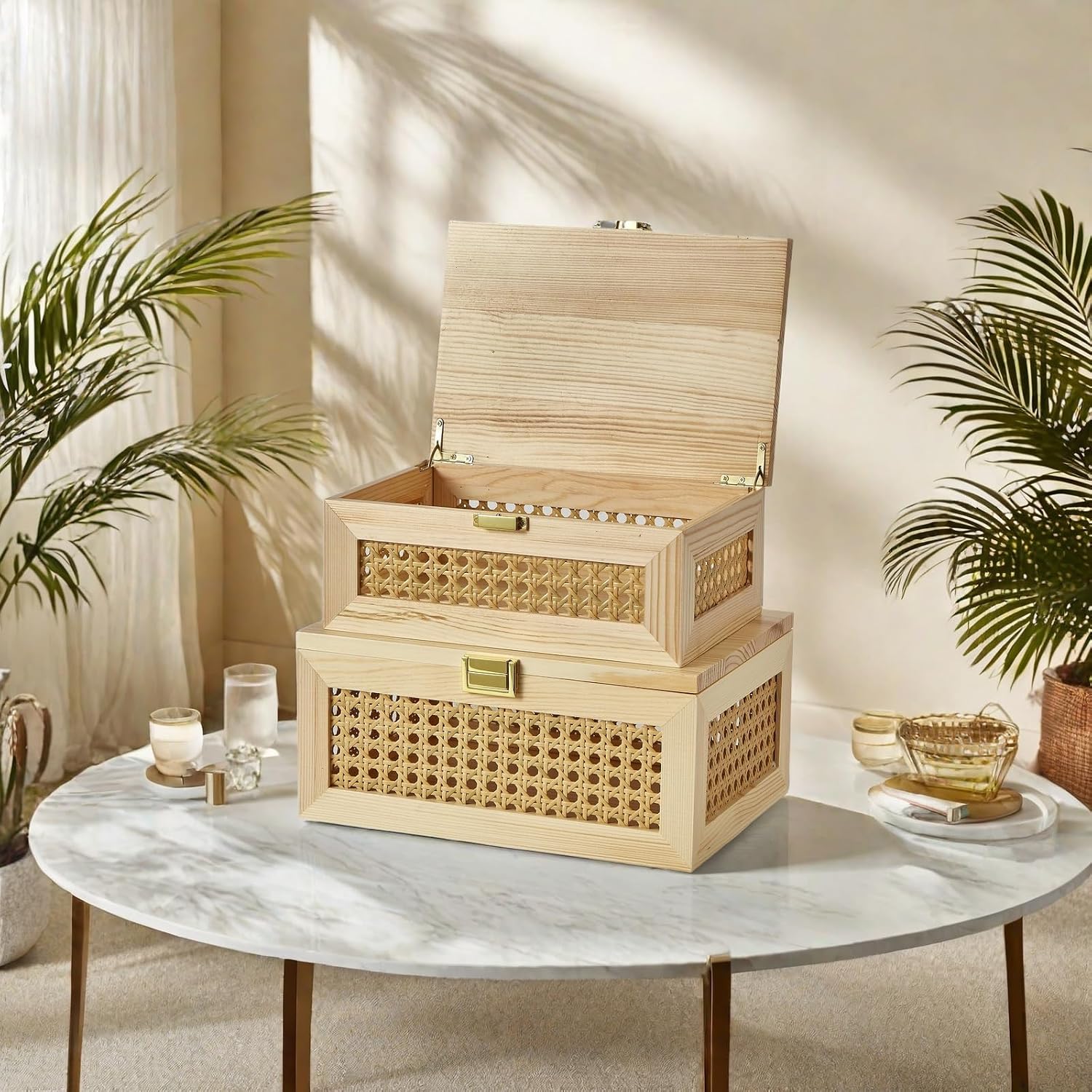 Decorative Rattan Storage Boxes Solid Wood Baskets Bins / Light Wood / Natural / Set of 2