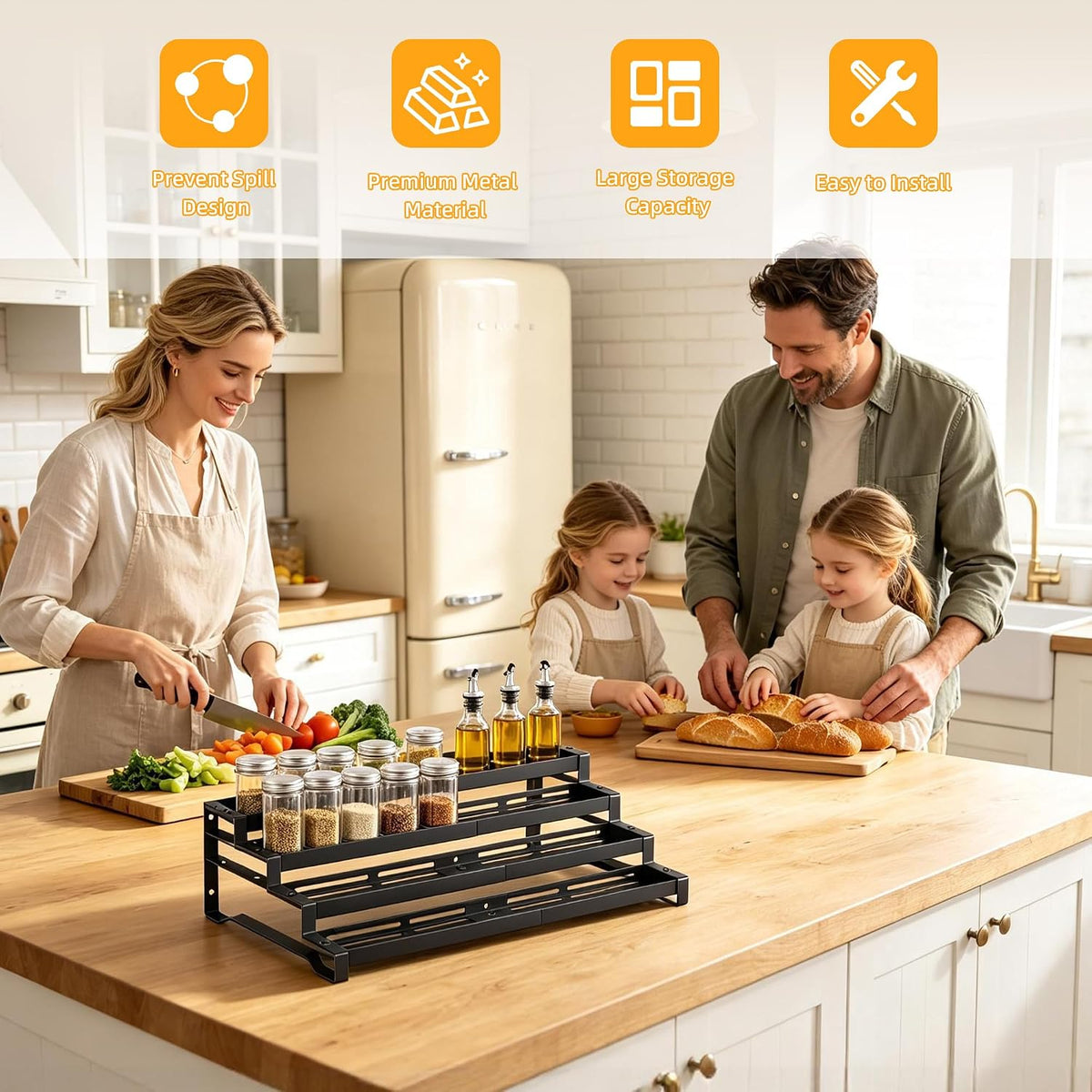 Spice Rack Organizer for Cabinet, 13-21.5" Expandable Spicy Shelf | 11.6" Depth 4-Tier Black Metal Seasoning Organizer