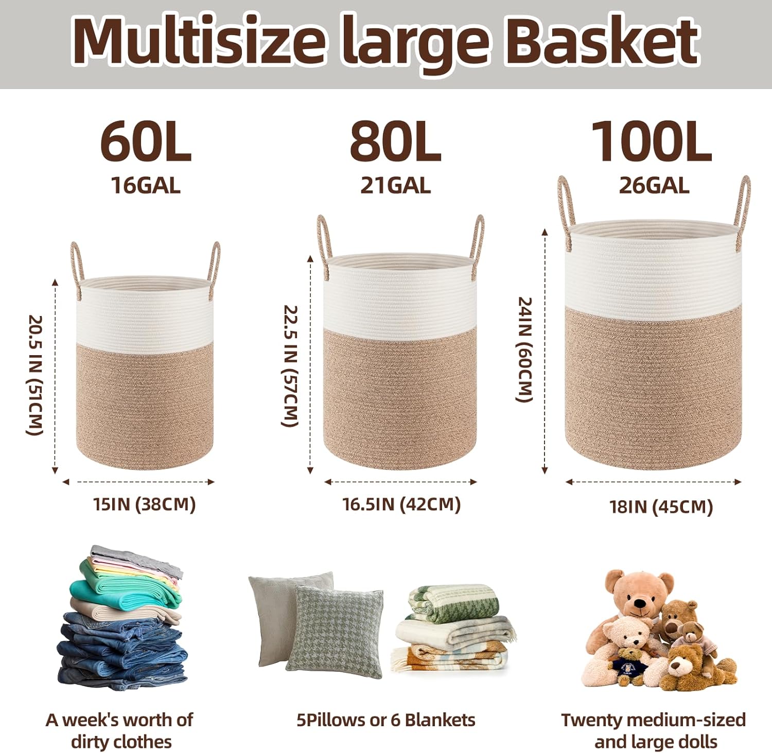 Cotton Rope Woven Basket for Blankets / Gradient Brown / 60L