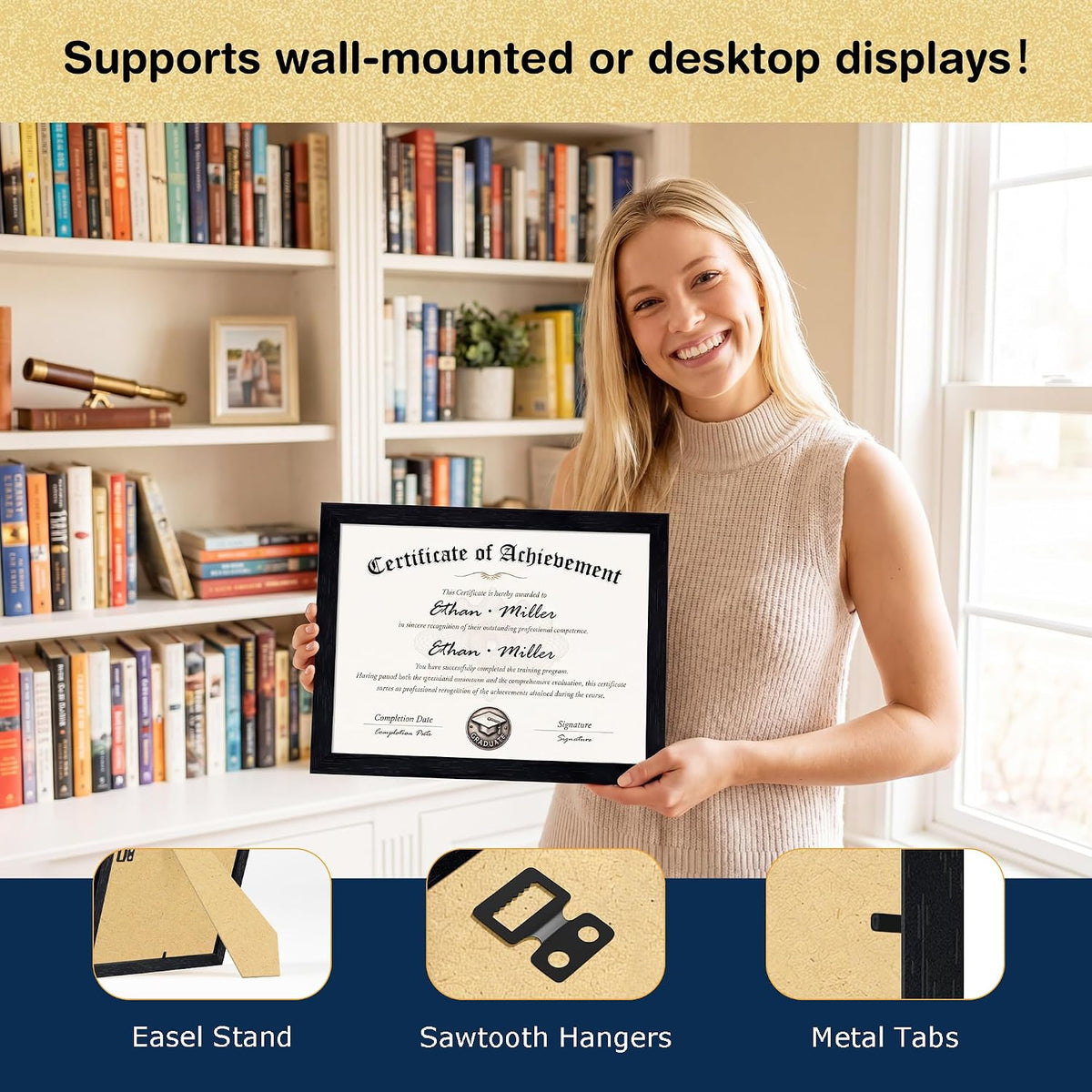 Wiscet 8.5x11 Picture Frame Set of 16, Certificate Diploma Document Frames | Black Woodgrain, for Wall or Tabletop