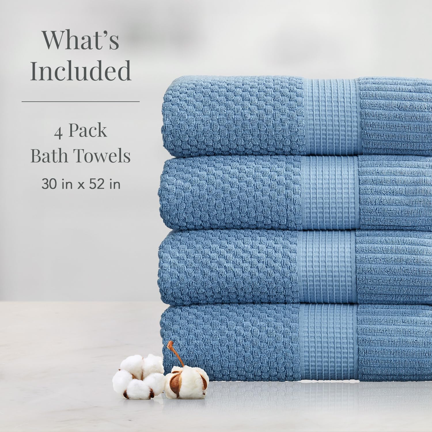 NY Loft 100% Cotton 4-Pack Bath Towel Set | Blue | Oeko-TEX | Quick-Dry | Four 30" x 52" Bath Towels | Super Absorbent