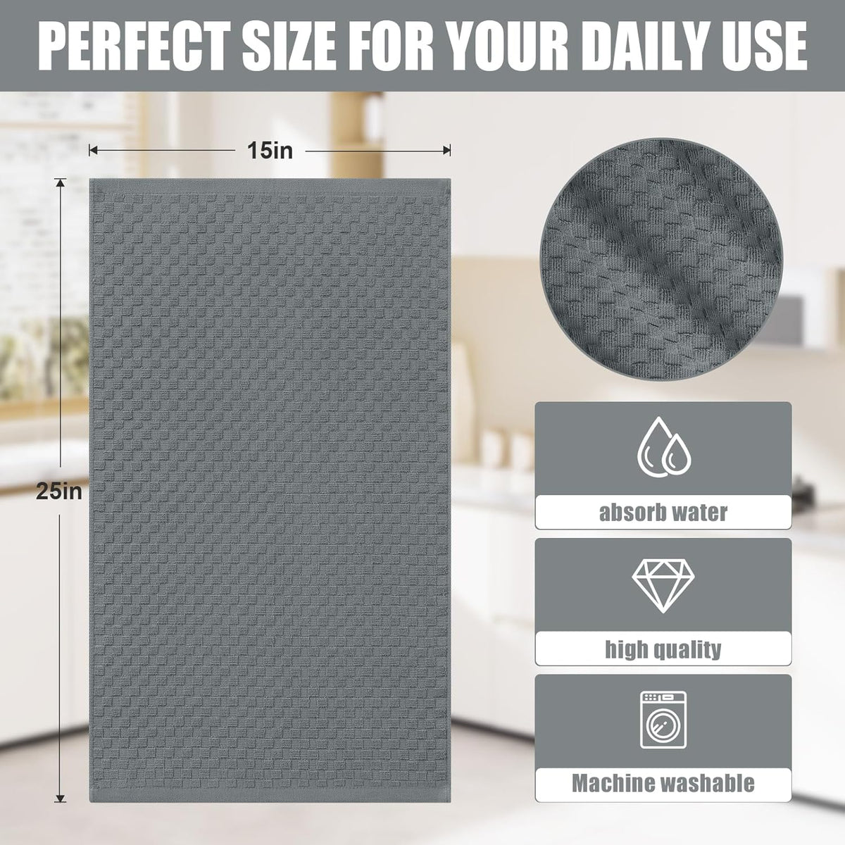 Homaxy 100% Cotton Terry Kitchen Towels(15" x 25", 12 Pack), Dark Grey | Soft and Super Absorbent Dish Towels, 380 GSM