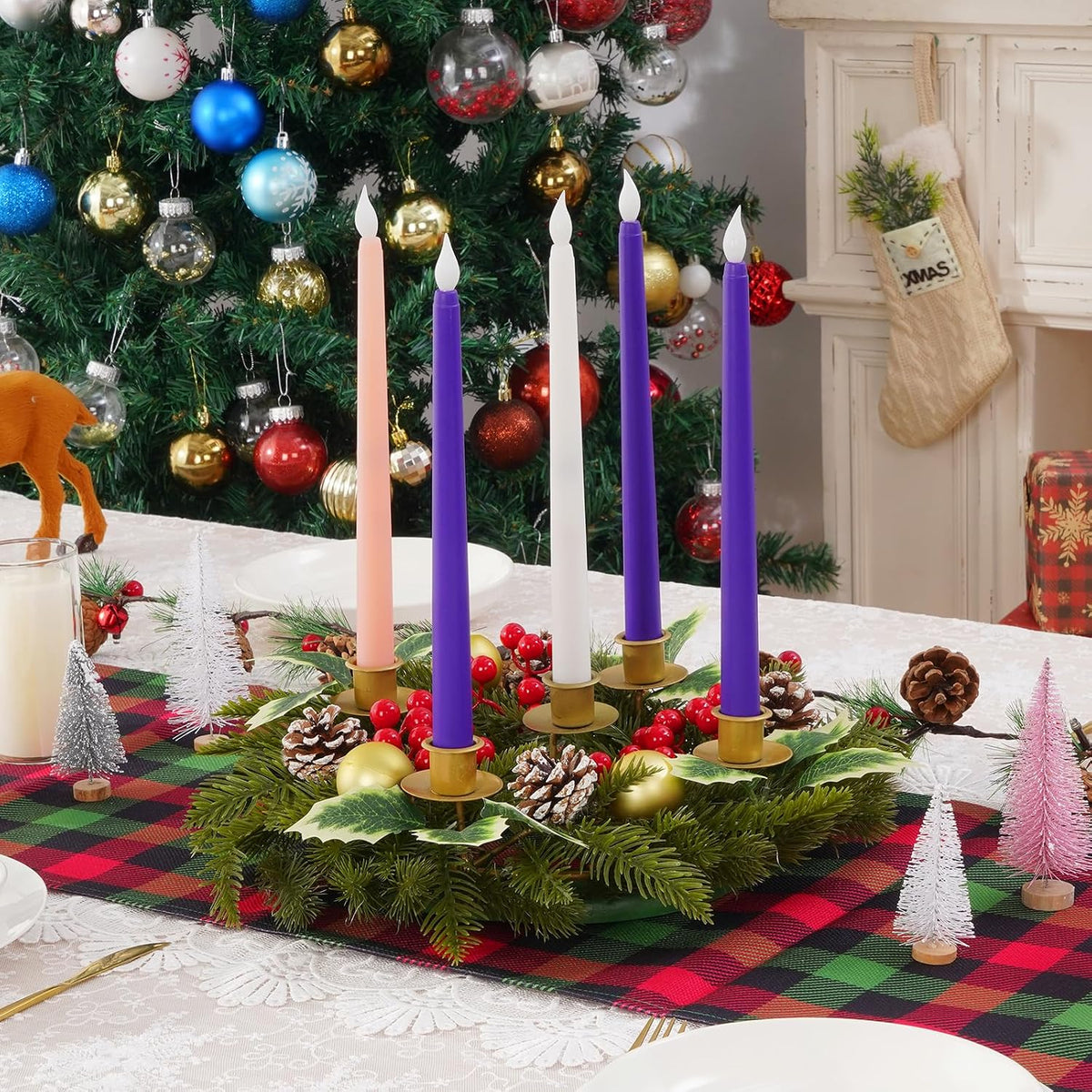 6 Pcs Christmas Advent Wreath Advent Candle Holder with 5 Flameless Simulated Candles, 12 Inch Advent Wreath and
