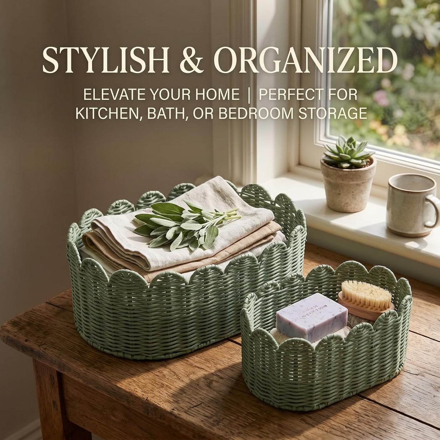 Large Scalloped Storage Baskets / Sage Green / Set of 2