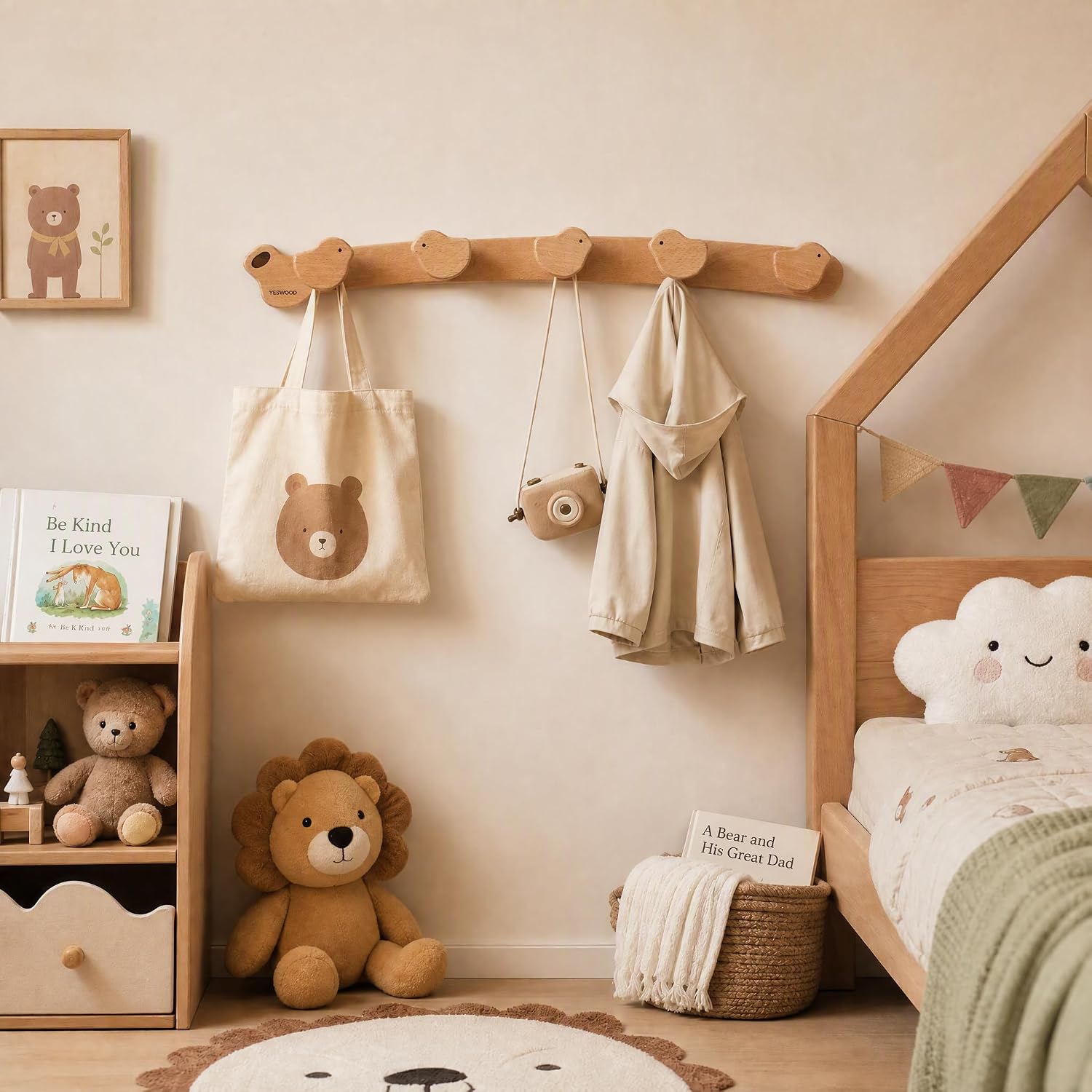 Solid Wood Wall Hooks, Coat Rack Wall Mount Cute for Kids, Entryway Hanging Shelf with 5 Hooks for Hats, Clothes