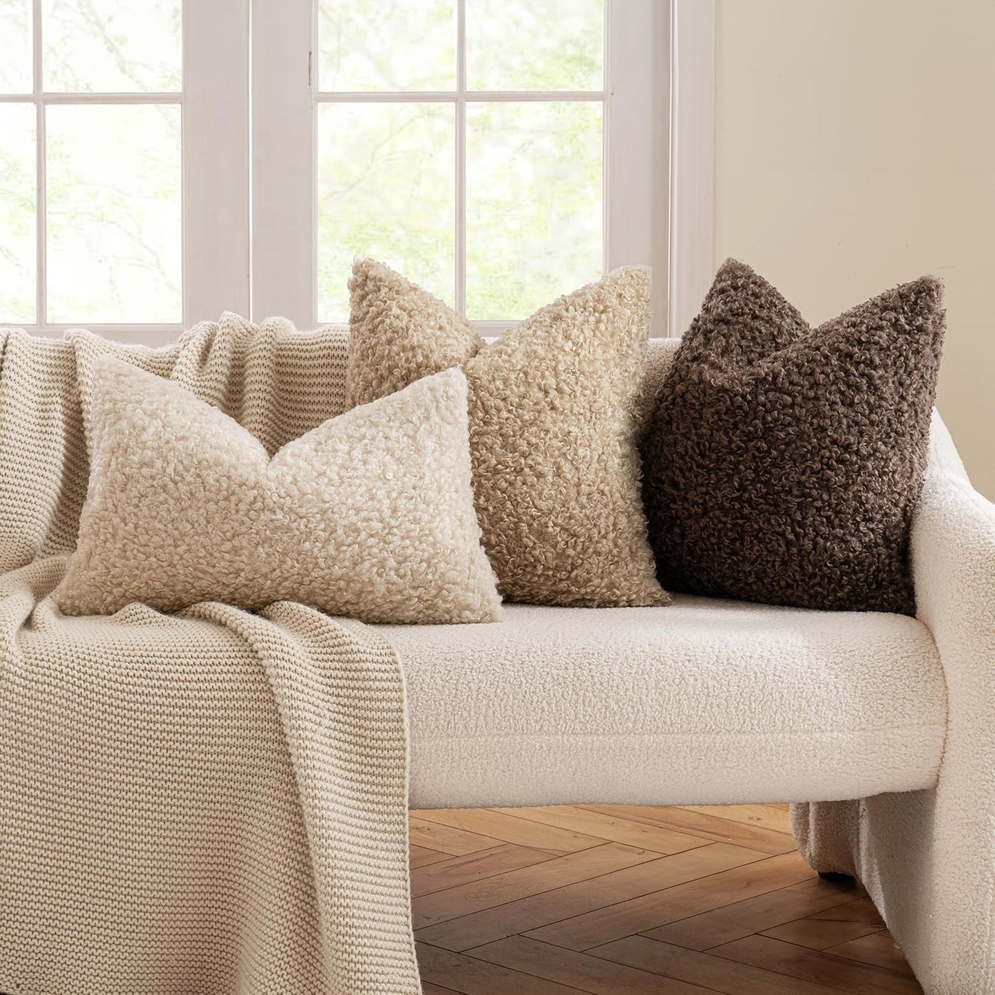Faux Fur Throw Pillow Covers Boucle Decorative Sherpa / 18 x 18 / Neutral Light Beige / Set of 2