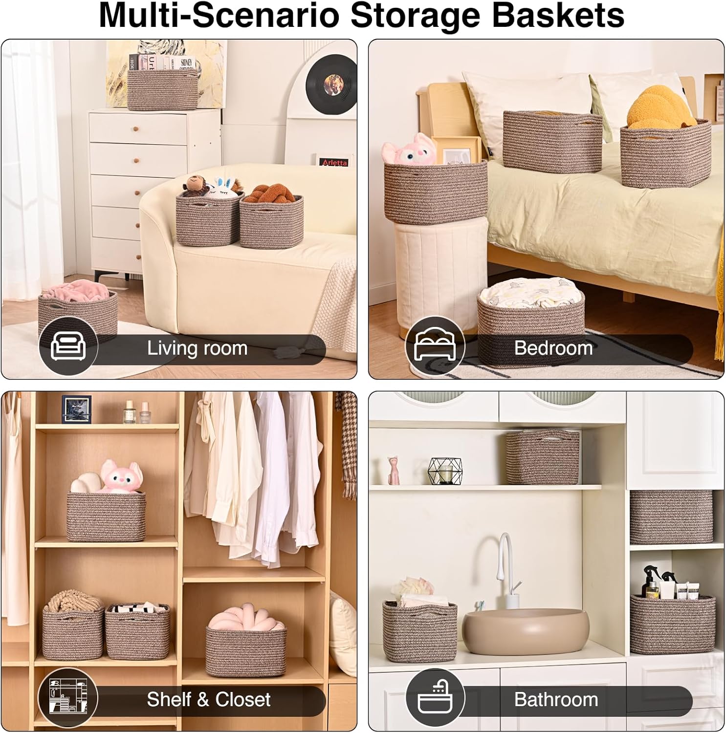 Woven Cotton Rope Baskets for Storage / Dark Brown