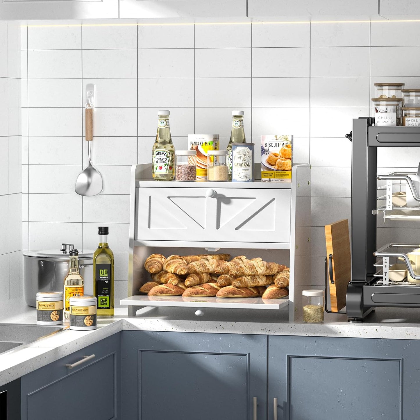 Bread Box for Kitchen Countertop, Double Layer Wooden Breadbox, Large Capacity Bread Storage Bin, Homemade Bread