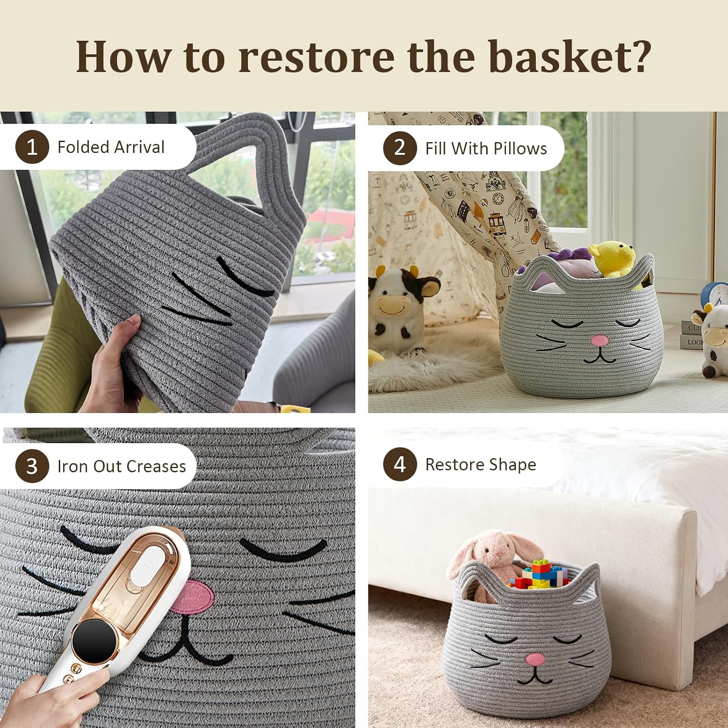 Animal Baskets Large Woven Cotton Rope Storage / Grey / Cute Grey Cat