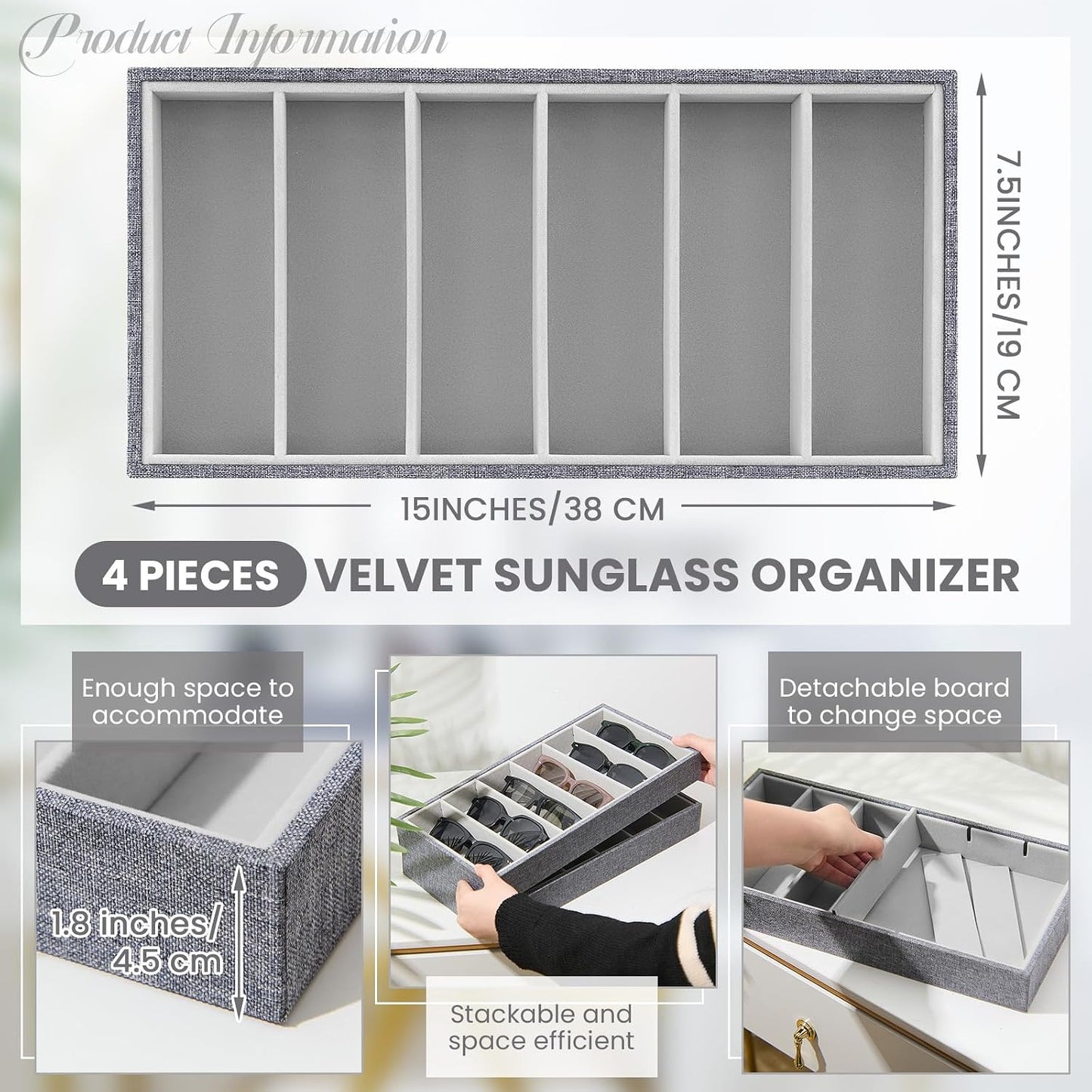 Velvet Sunglasses Organizer Tray 6 Grid Sunglass Organizer Velvet Tray Stackable / Gray / Set of 4