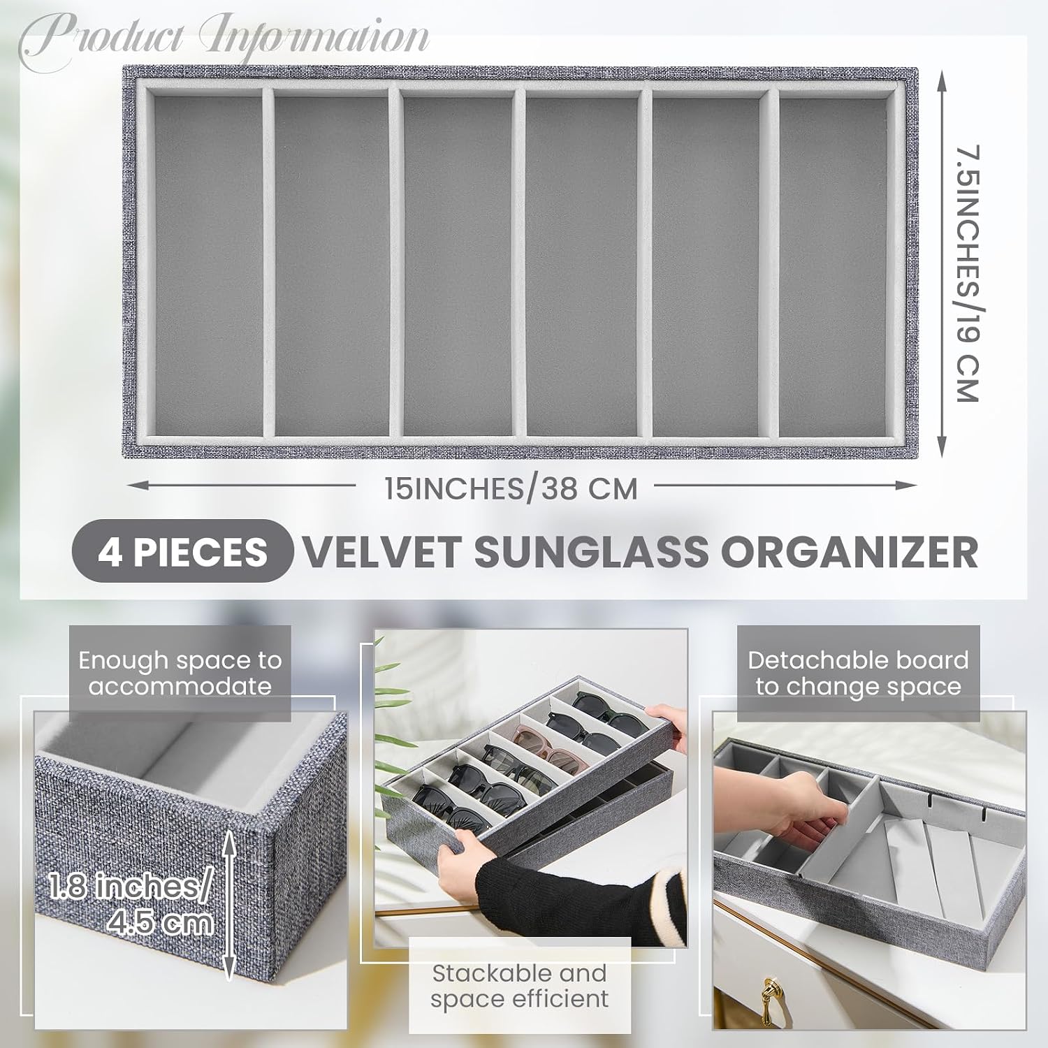 Velvet Sunglasses Organizer Tray 6 Grid Sunglass Organizer Velvet Tray Stackable / Gray / Set of 4