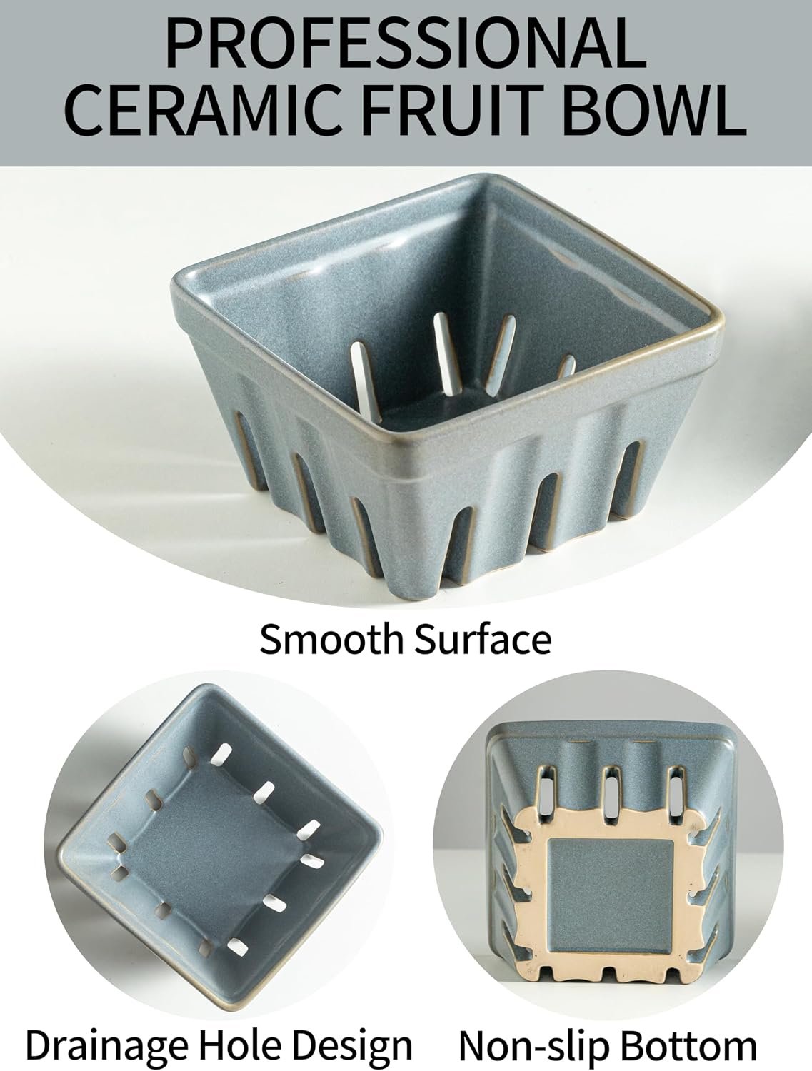 Ceramic Berry Basket / Slate Blue / Square-5.7 Inch / 5.7 Inch / Set of 2