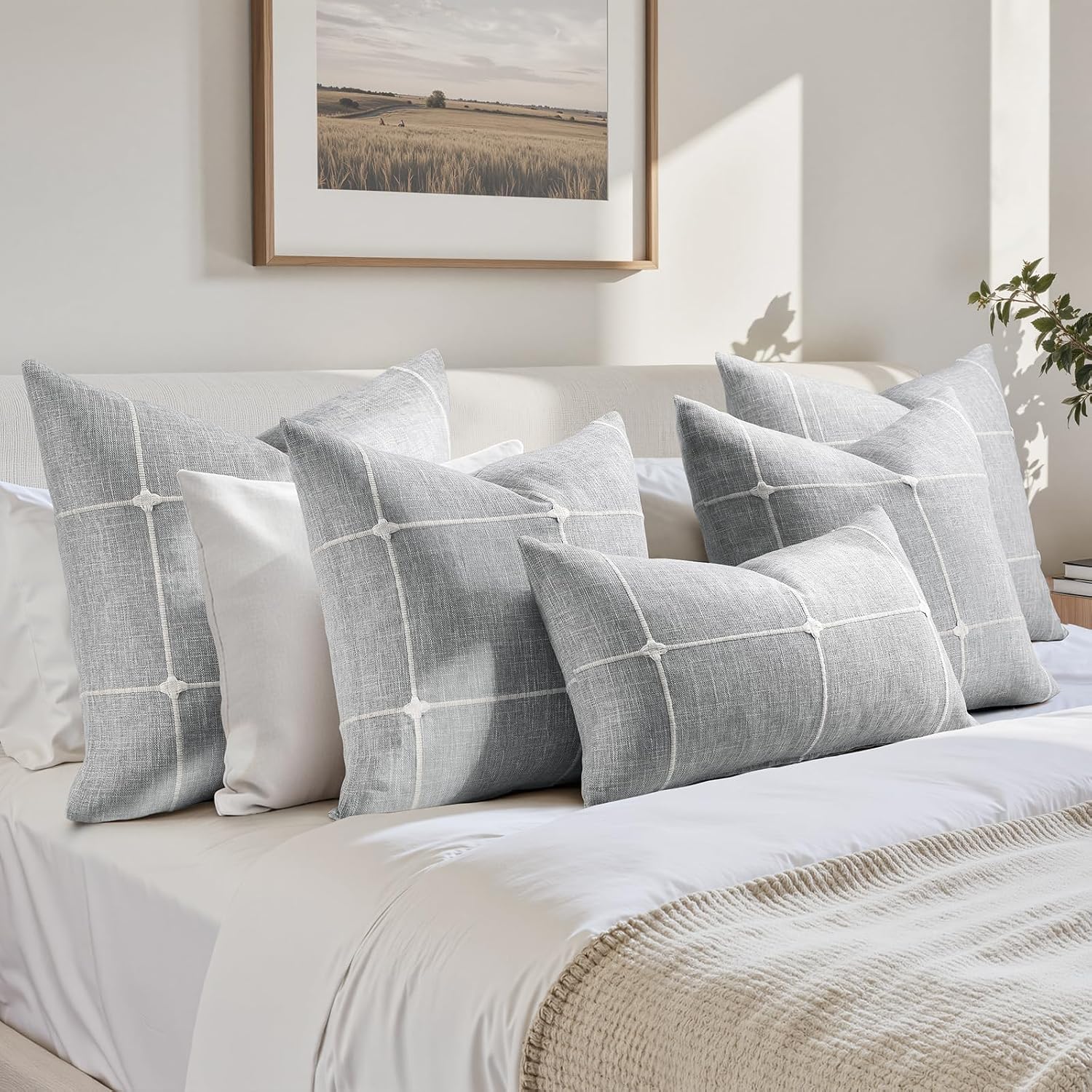 Grey Farmhouse Pillow Covers / Light Grey Plaid / 18 x 18 / Set of 2
