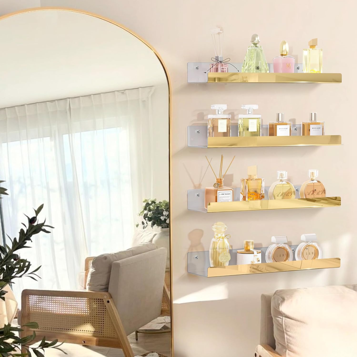 2 Packs 24 inches Gold Acrylic Shelves,Book Shelf for wall | Wall Mounted Display for Kids