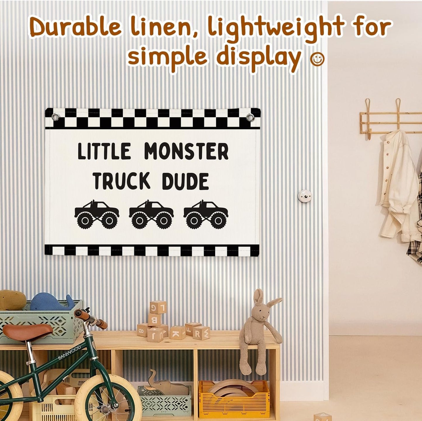 Car Themed Room Decor Canvas Banner Wall Decor / Little Monster Truck Dude / Black