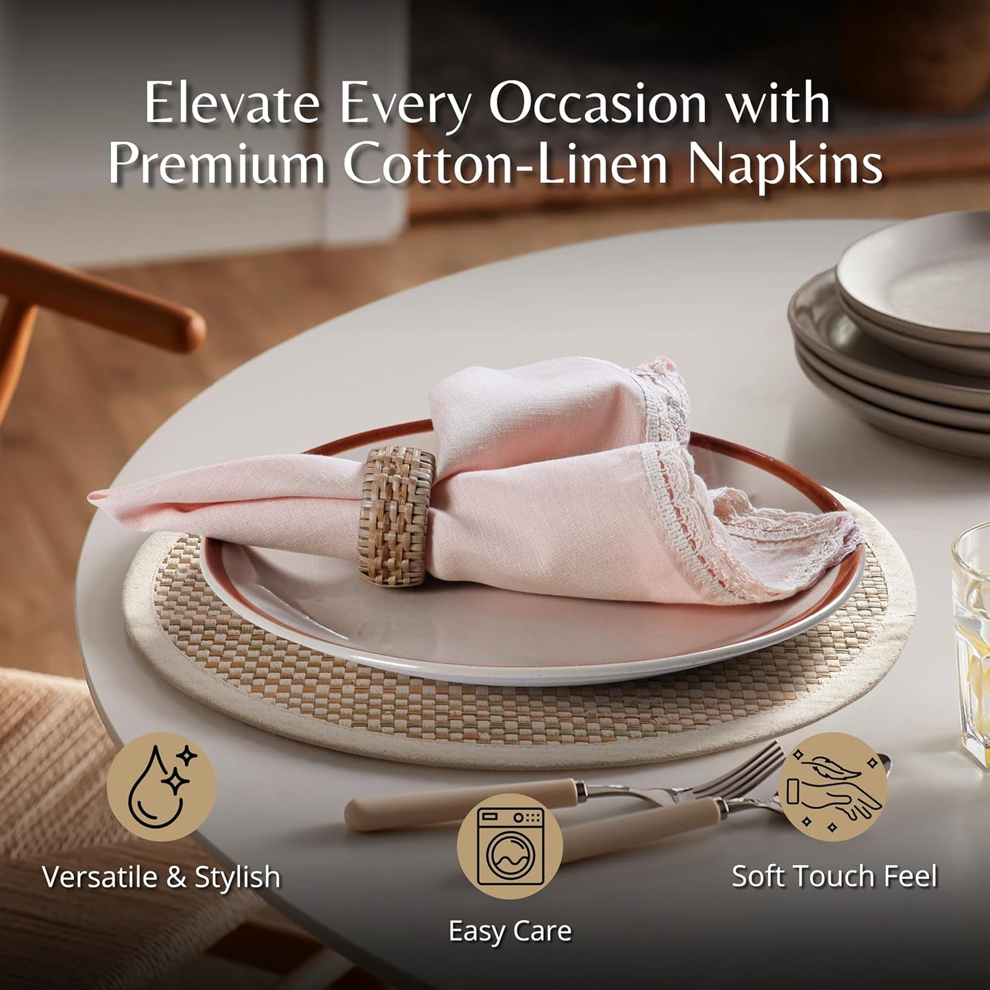 Ramanta Home PinkLinen Flax Cloth Napkins Set of 12, 18x18 Inches | Flax Lace Cotton Linen Reusable Decorative