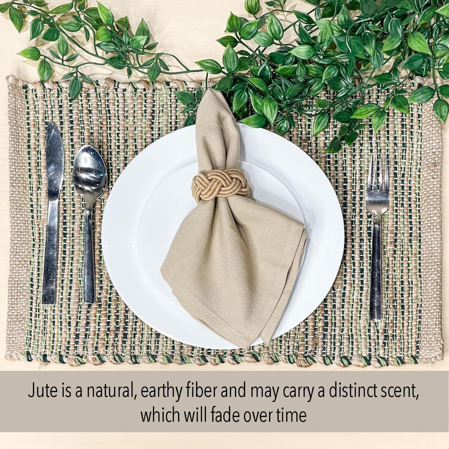 Natural Jute & Green Placemats, Set of 4 – Rustic Handmade Boho Table Mats, 13x19 Inch Dining Table Placemats for