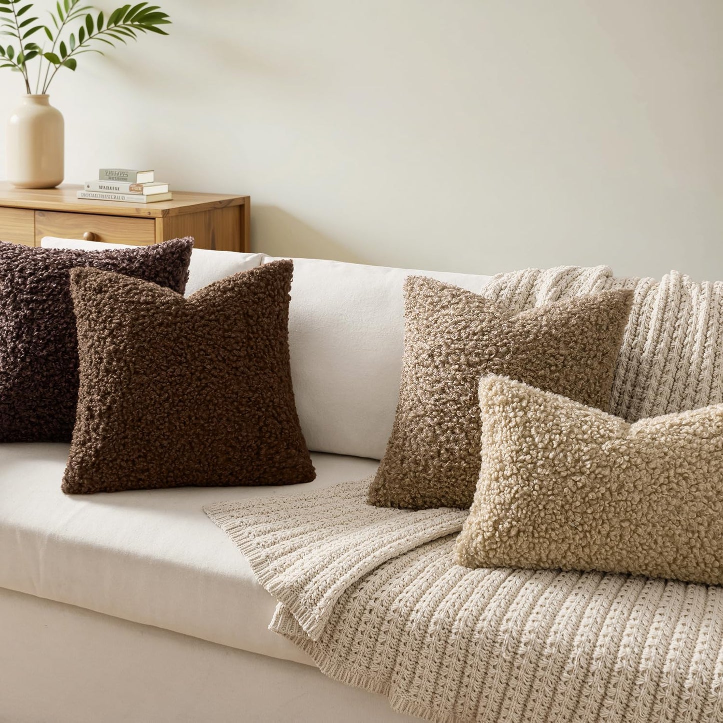 Faux Fur Throw Pillow Covers Boucle Neutral Decorative Sherpa Fuzzy / 18 x 18 / Chestnut / Set of 2