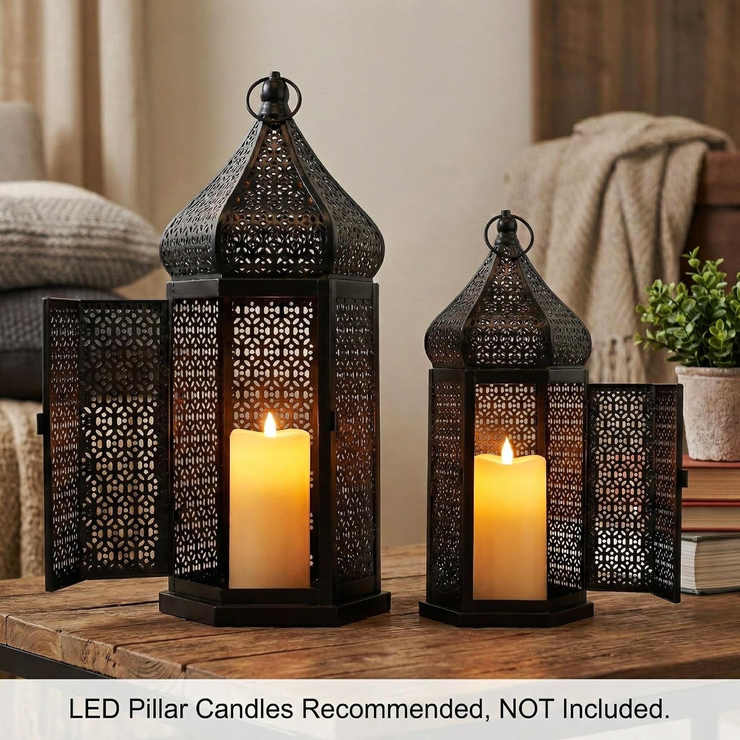 Vela Lanterns Decorative Indoor Black Moroccan Temple Lanterns, Set of 2 | Black Ramadan Decorations for Home, Eid