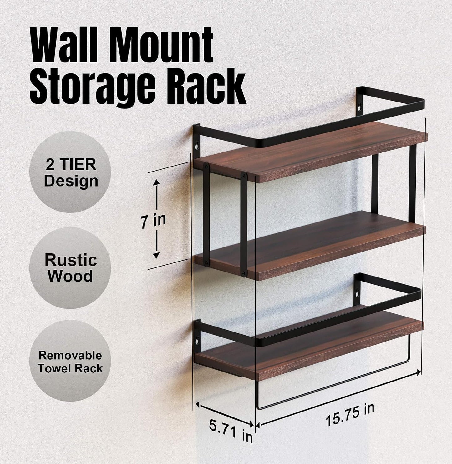 RICHER HOUSE 2+1 Tier Wall Mounted Floating Shelves Set of 2, Rustic Wood Shelf with Metal Frame, Extra Storage Rack