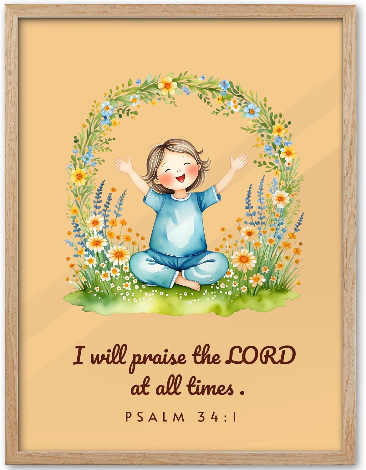 KensTro 12x16 Oak Framed Psalm 34:1 Praise the Lord Wall Art