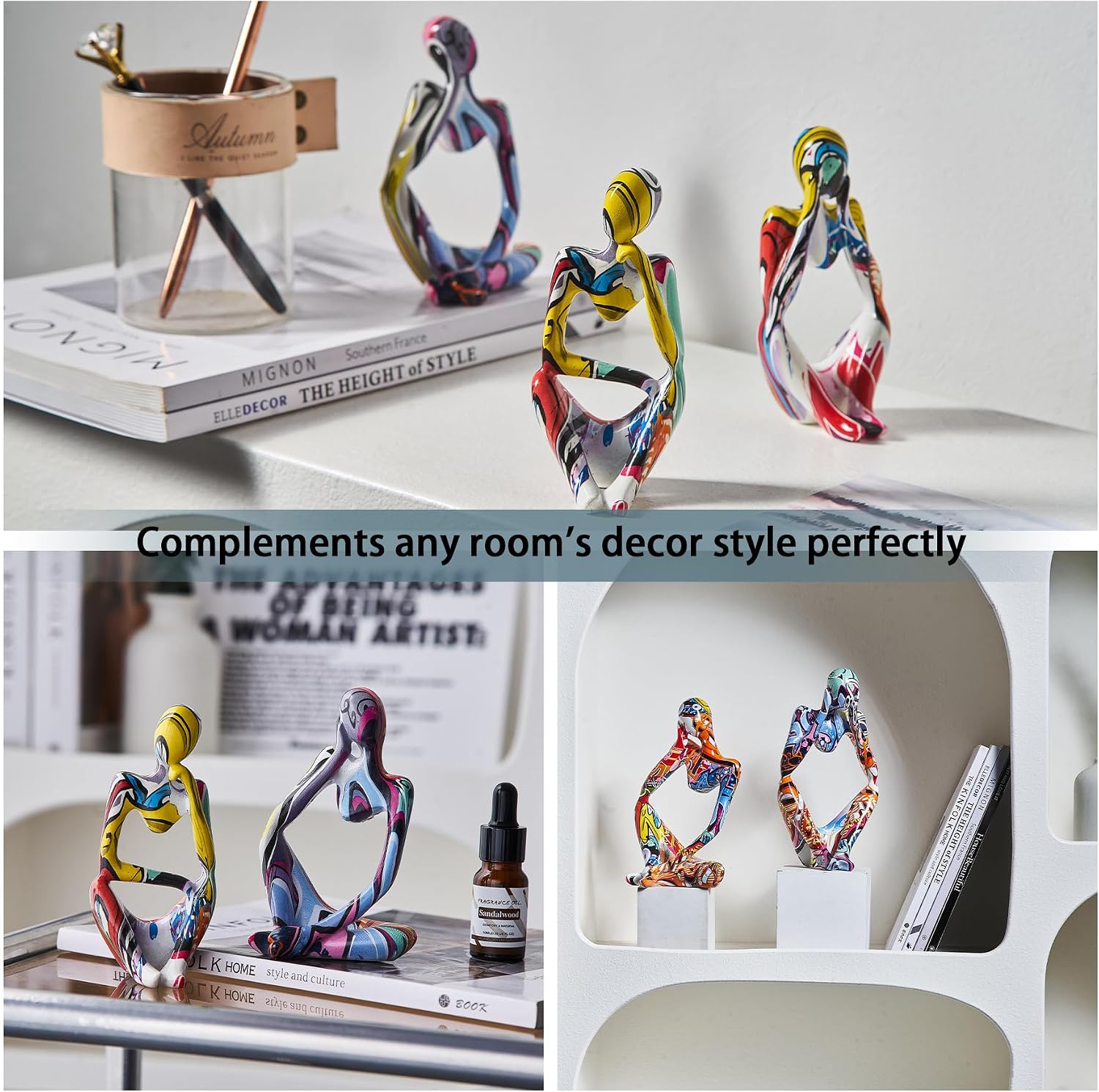 Handmade Art Figurines / Colorful Thinker Statue / Set of 3